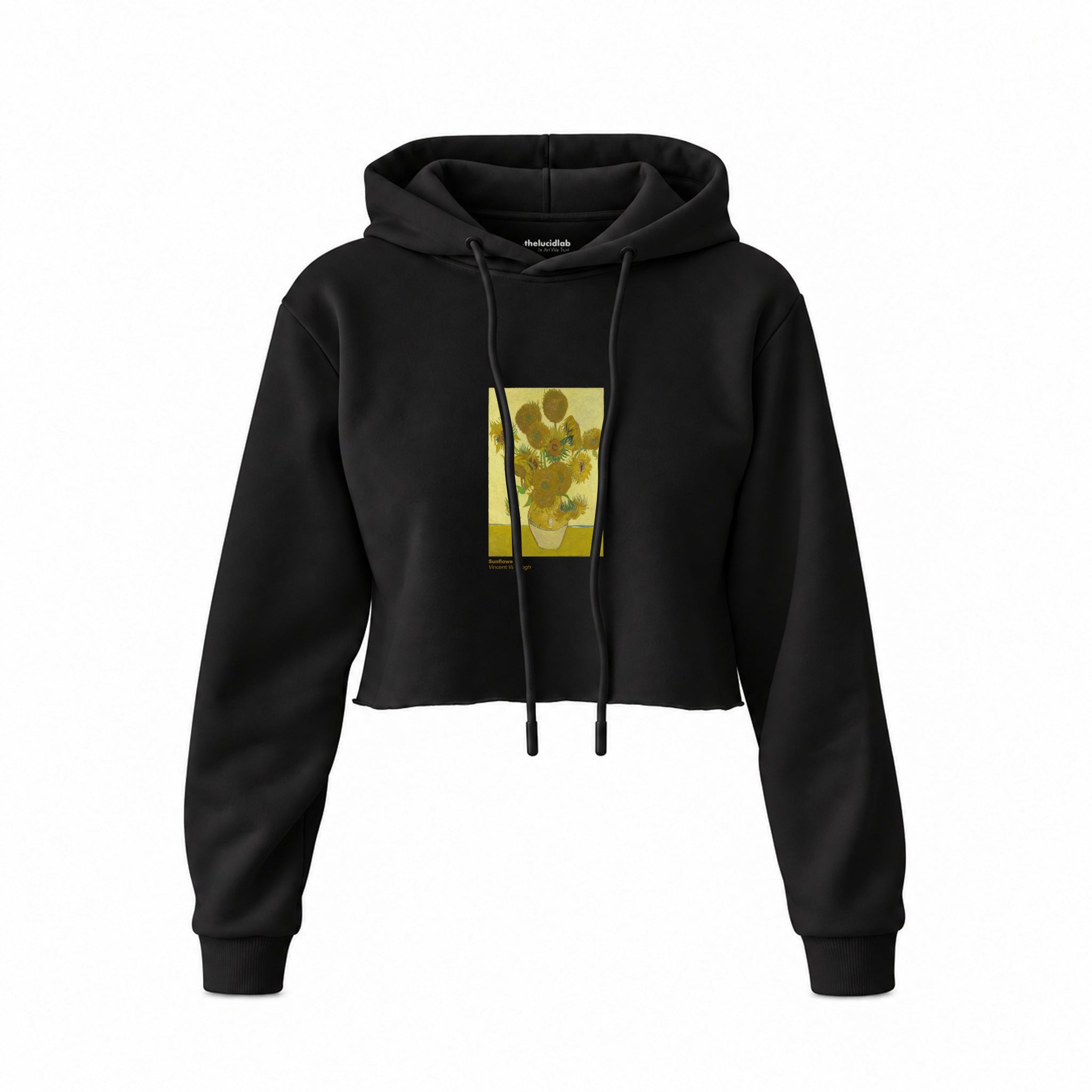 Sunflowers Crop Hoodie — Siyah — Ön baskı