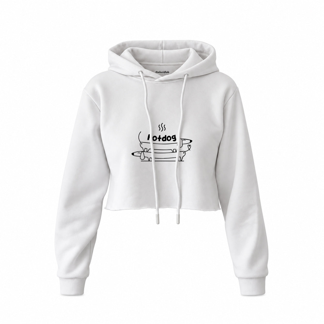 Hotdog Crop Hoodie — Beyaz — Ön baskı