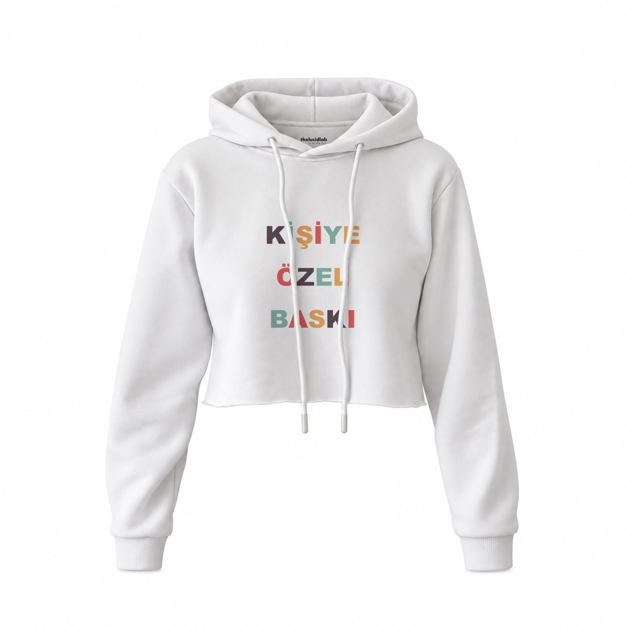 Kişiye Özel Baskılı Crop Hoodie — Beyaz — Ön baskı