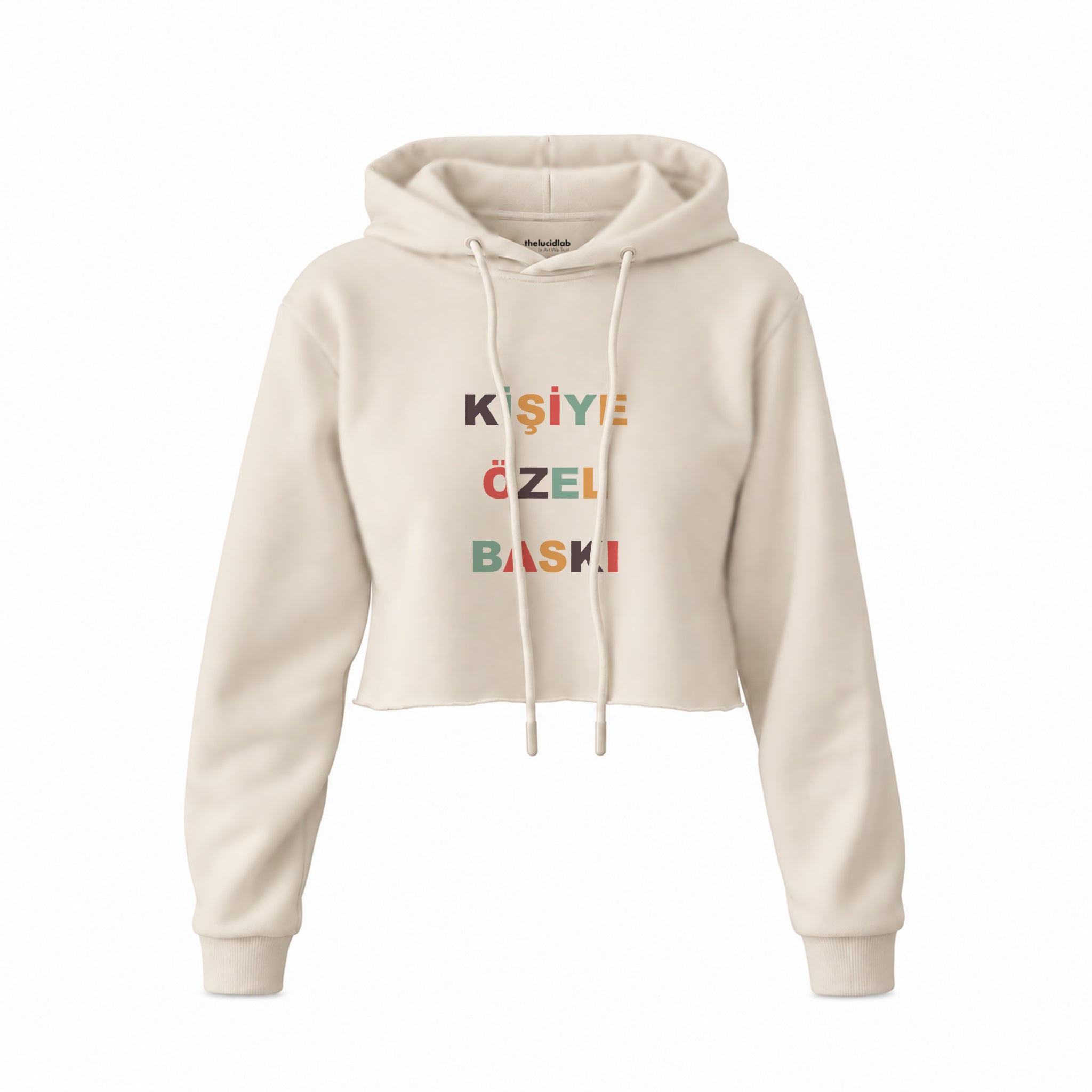 Kişiye Özel Baskılı Crop Hoodie — Krem — Ön baskı