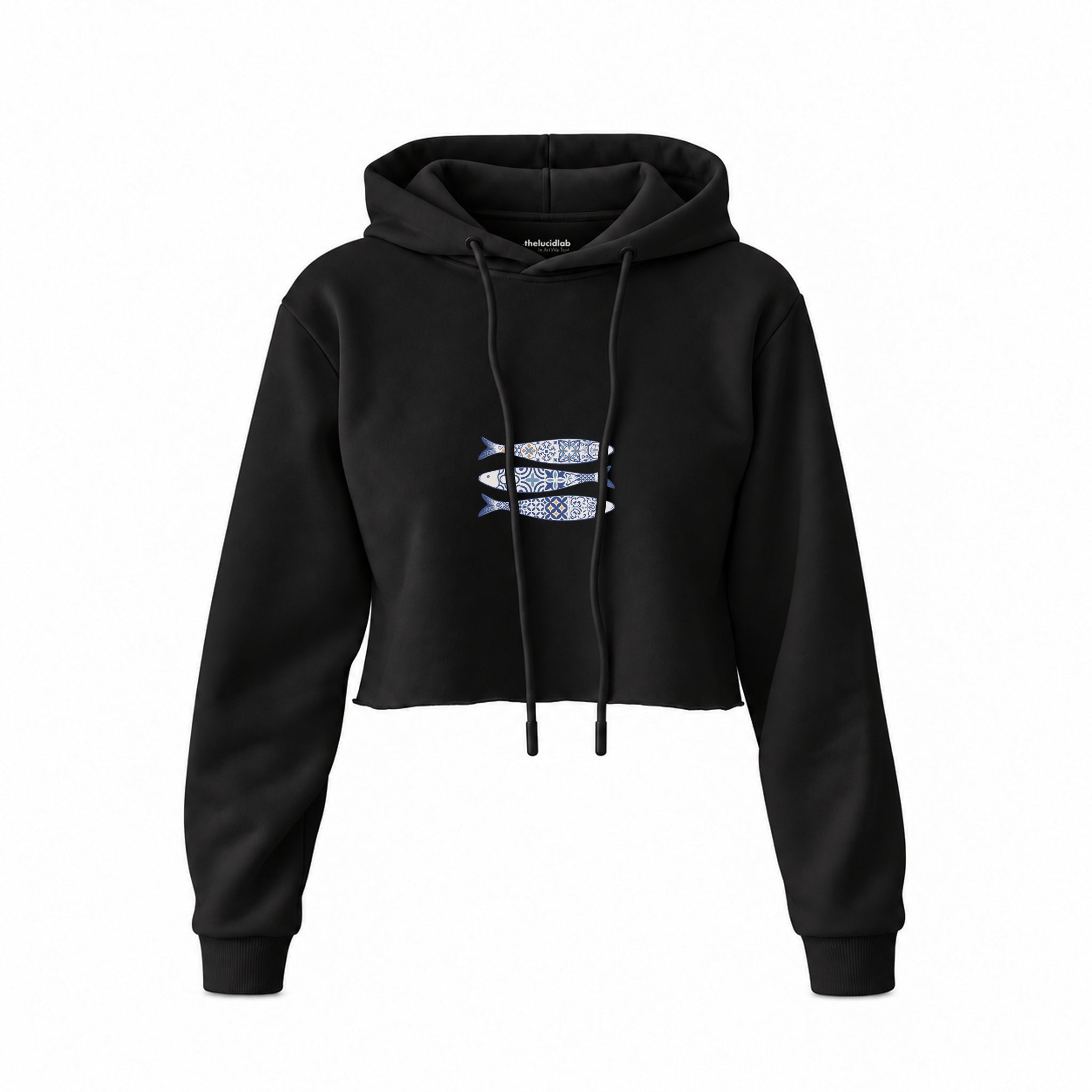 Mediterraneo Crop Hoodie — Siyah — Ön baskı