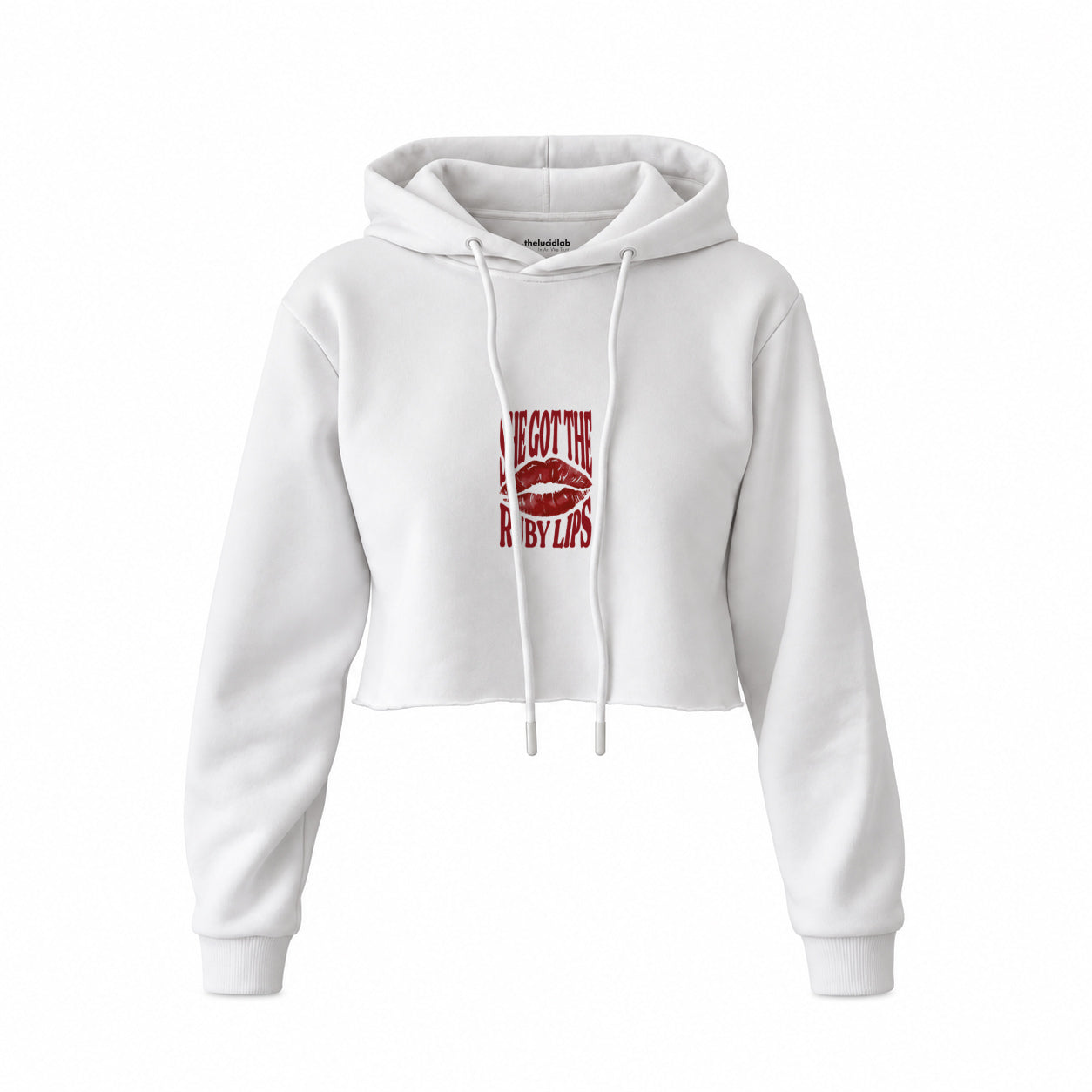 Ruby Lips Crop Hoodie — Beyaz — Ön baskı