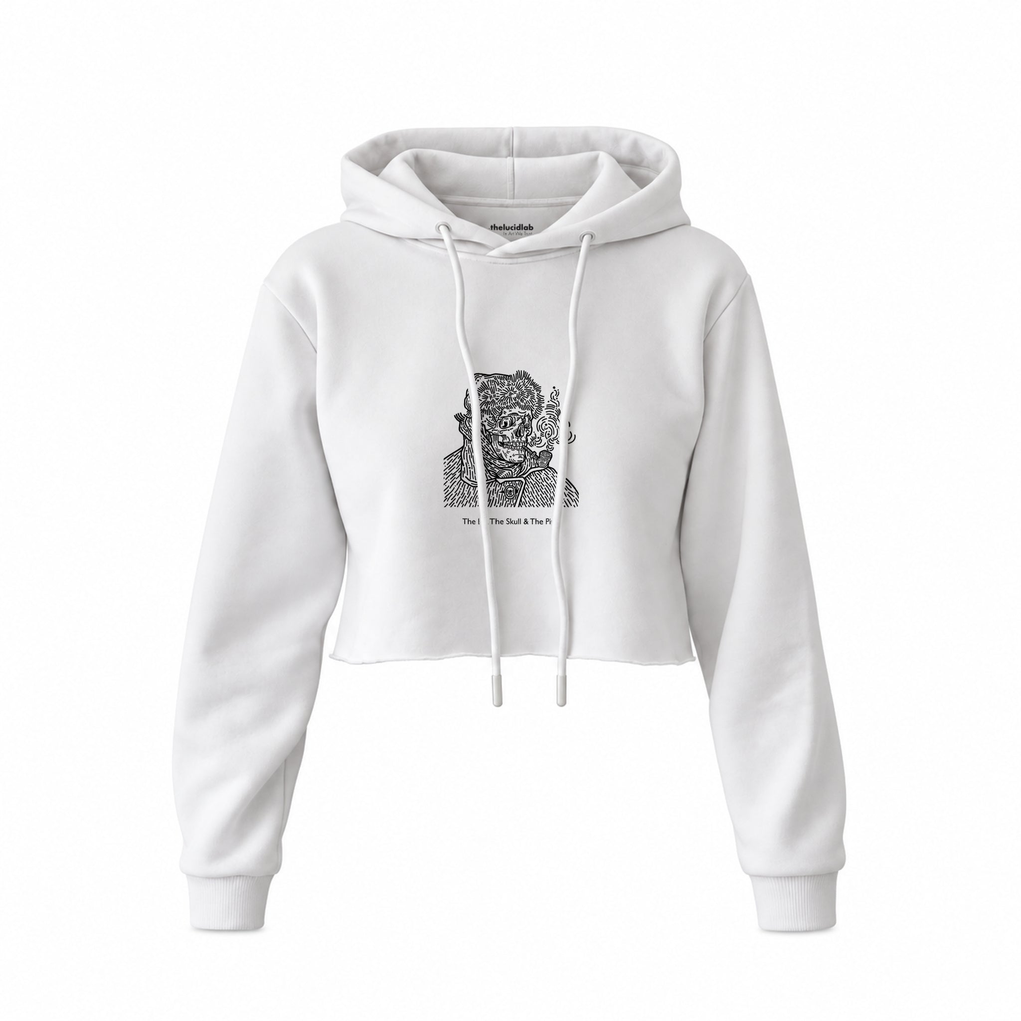 The Ear, The Skull & The Pipe Crop Hoodie — Beyaz — Ön baskı