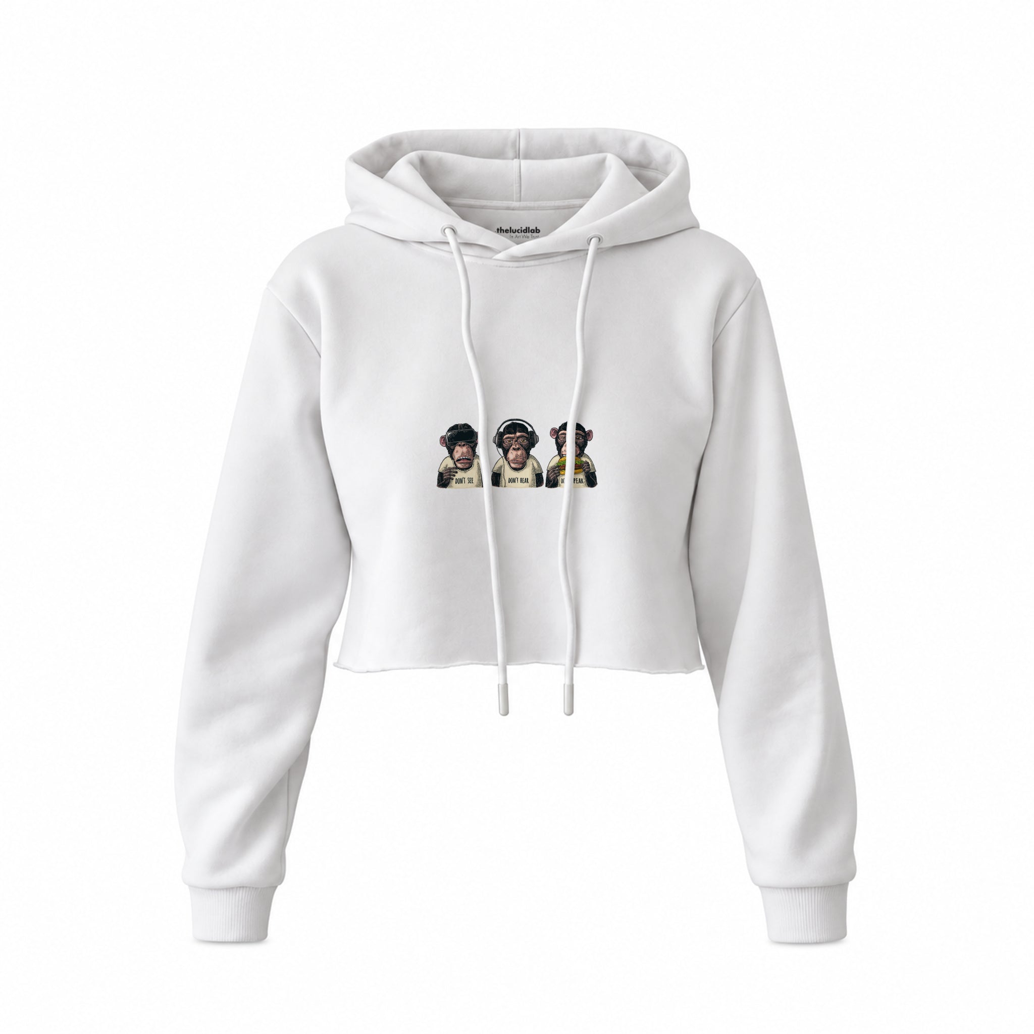 Diplomatic Monkeys Crop Hoodie — Beyaz — Ön baskı
