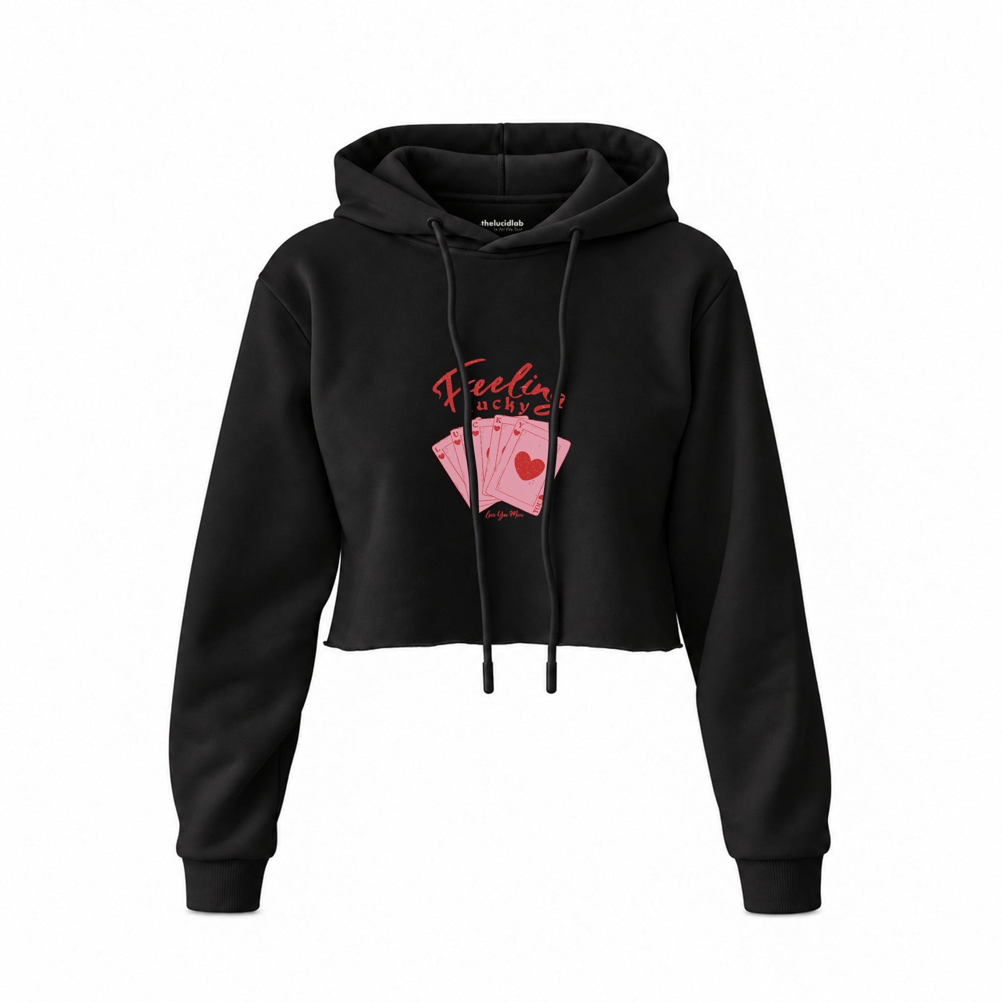 Feeling Lucky Crop Hoodie — Siyah — Ön baskı