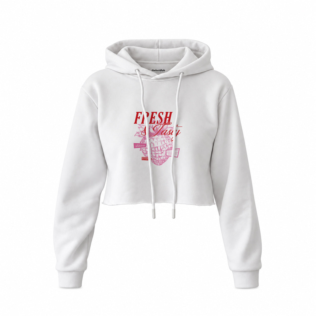 Fresh & Tasty Crop Hoodie — Beyaz — Ön baskı
