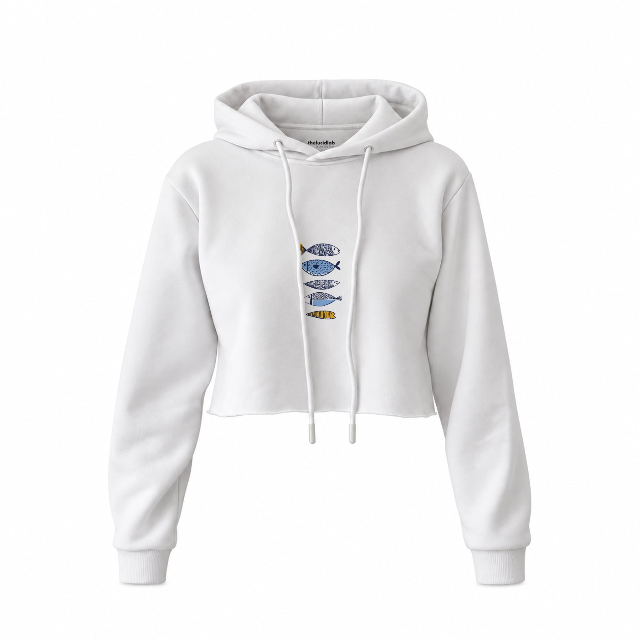 Marine Pattern Study Crop Hoodie — Beyaz — Ön baskı