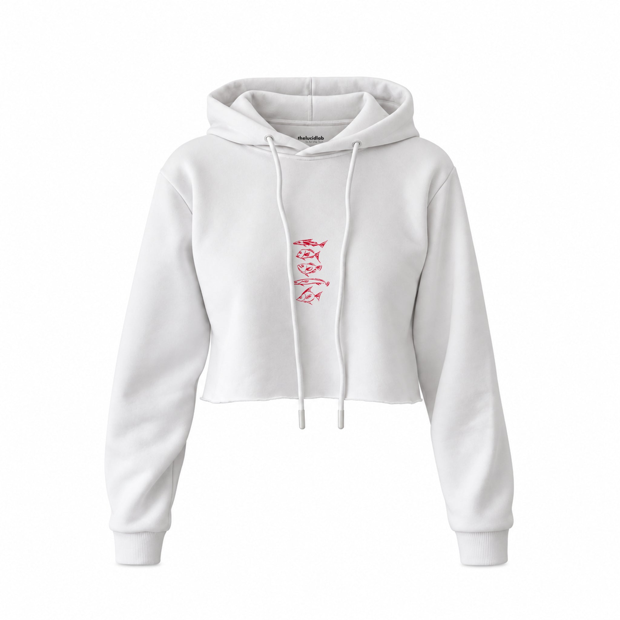 Sketches of Fish Crop Hoodie — Beyaz — Ön baskı