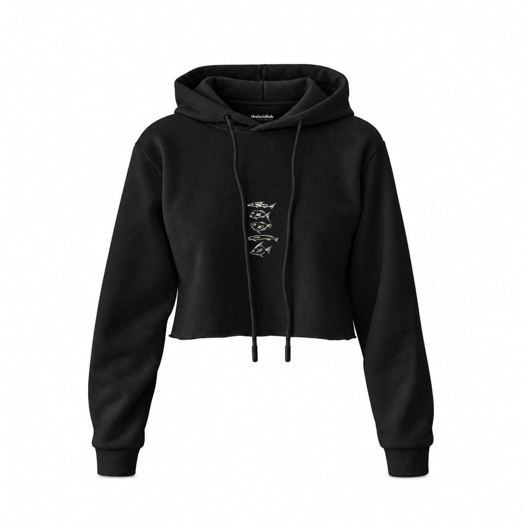 Sketches of Fish Crop Hoodie — Siyah — Ön baskı