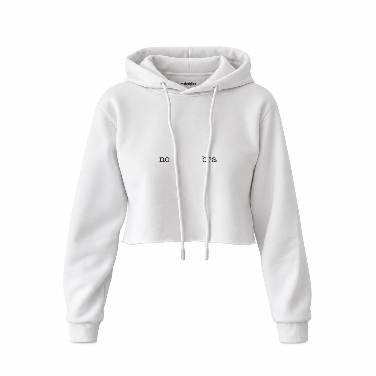 No Bra Crop Hoodie — Beyaz — Ön baskı