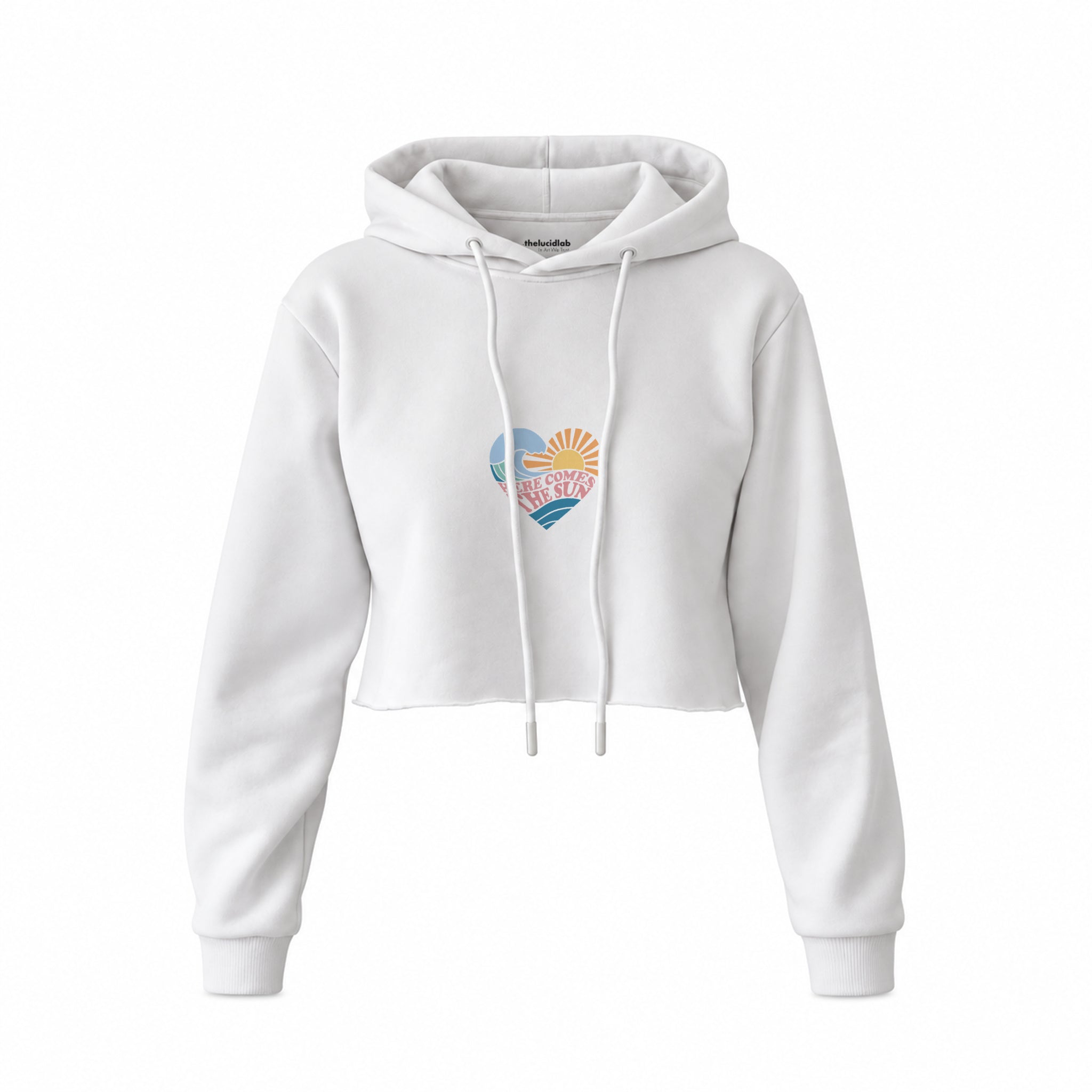 Here Comes The Sun Crop Hoodie — Beyaz — Ön baskı