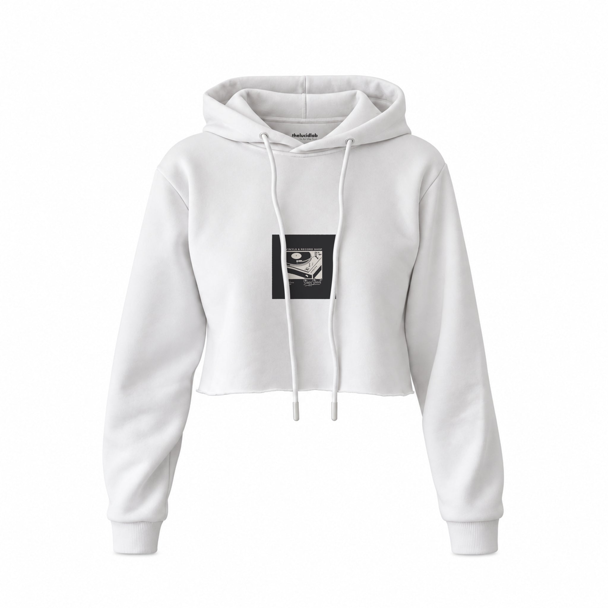 Vinyl Dreams Crop Hoodie — Beyaz — Ön baskı