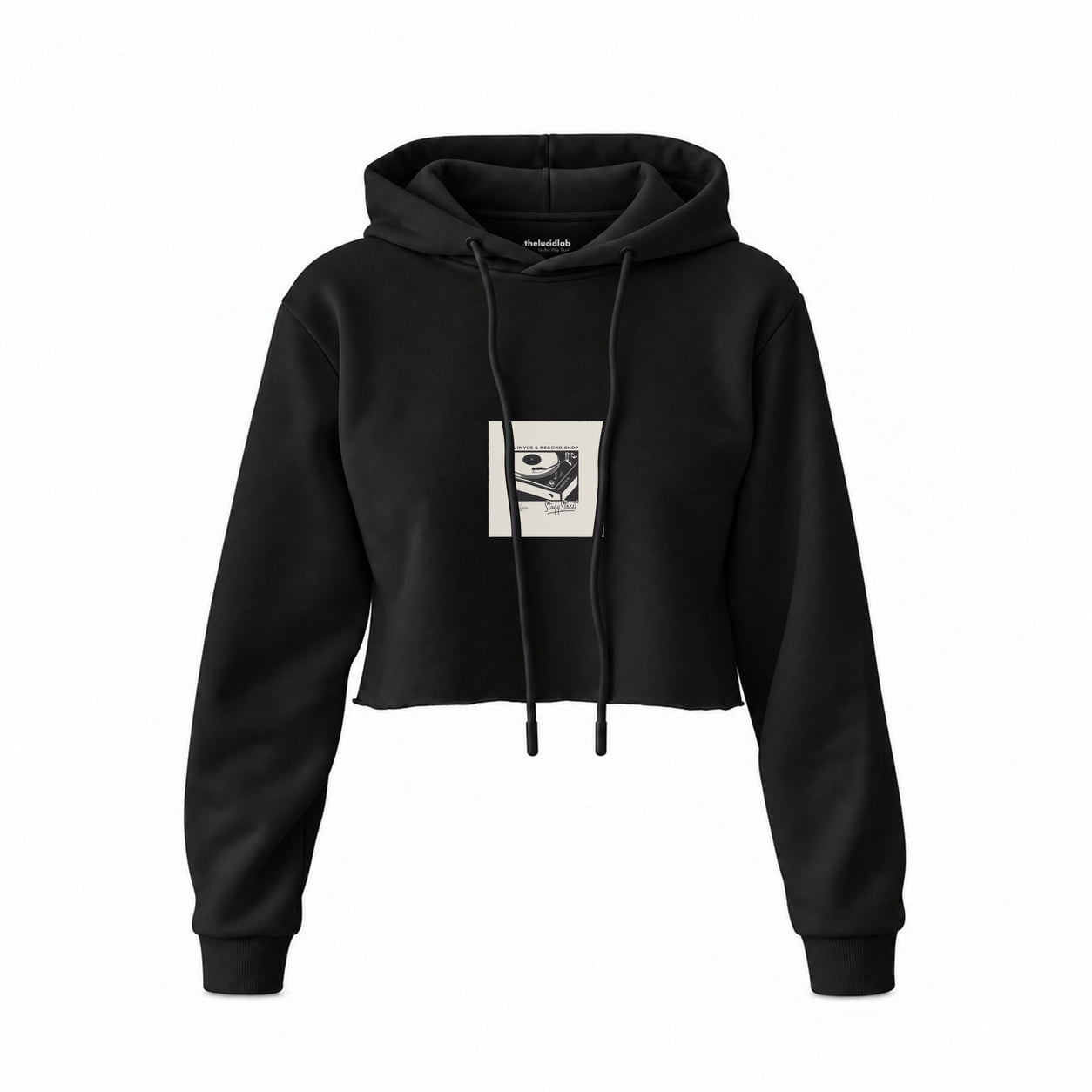 Vinyl Dreams Crop Hoodie — Siyah — Ön baskı
