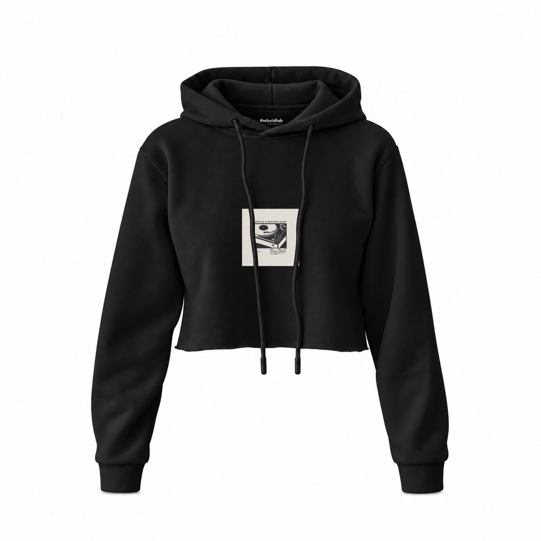 Vinyl Dreams Crop Hoodie — Siyah — Ön baskı