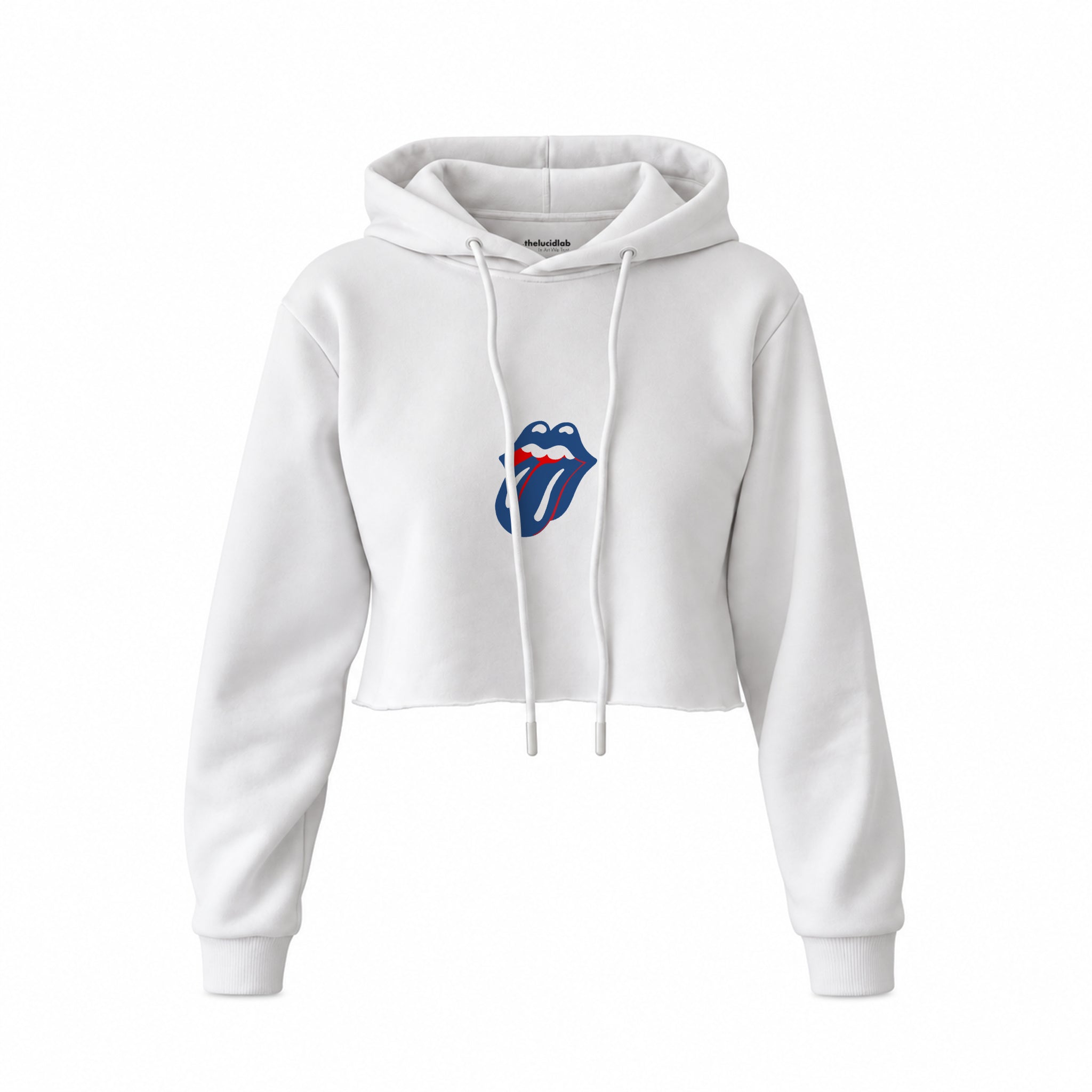 The Rolling Stones Blue Crop Hoodie — Beyaz — Ön baskı