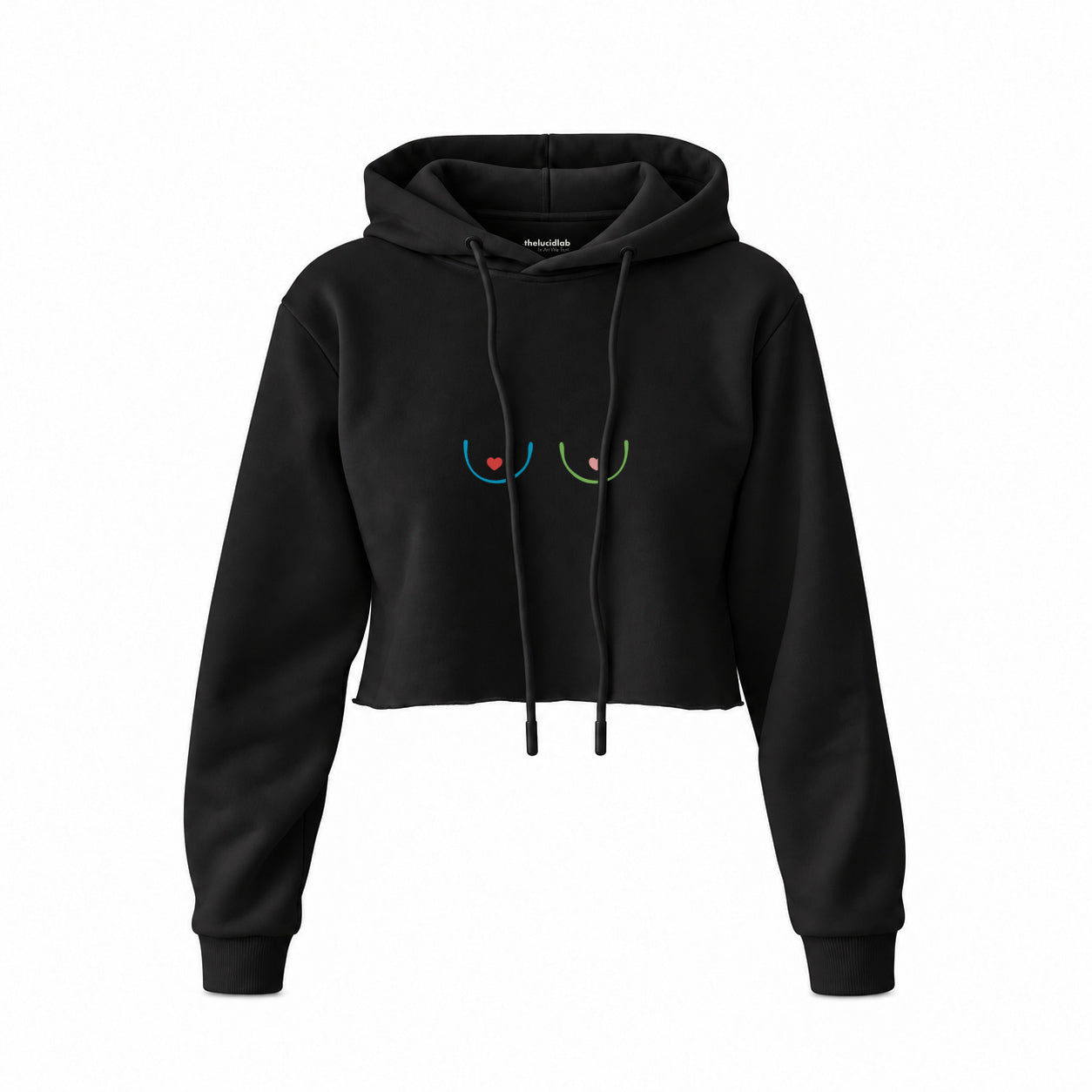 Boobs & Hearts Crop Hoodie — Siyah — Ön baskı