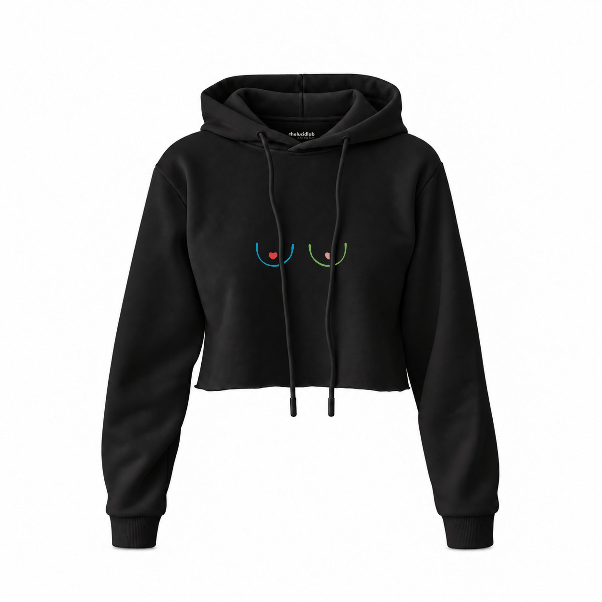 Boobs & Hearts Crop Hoodie — Siyah — Ön baskı