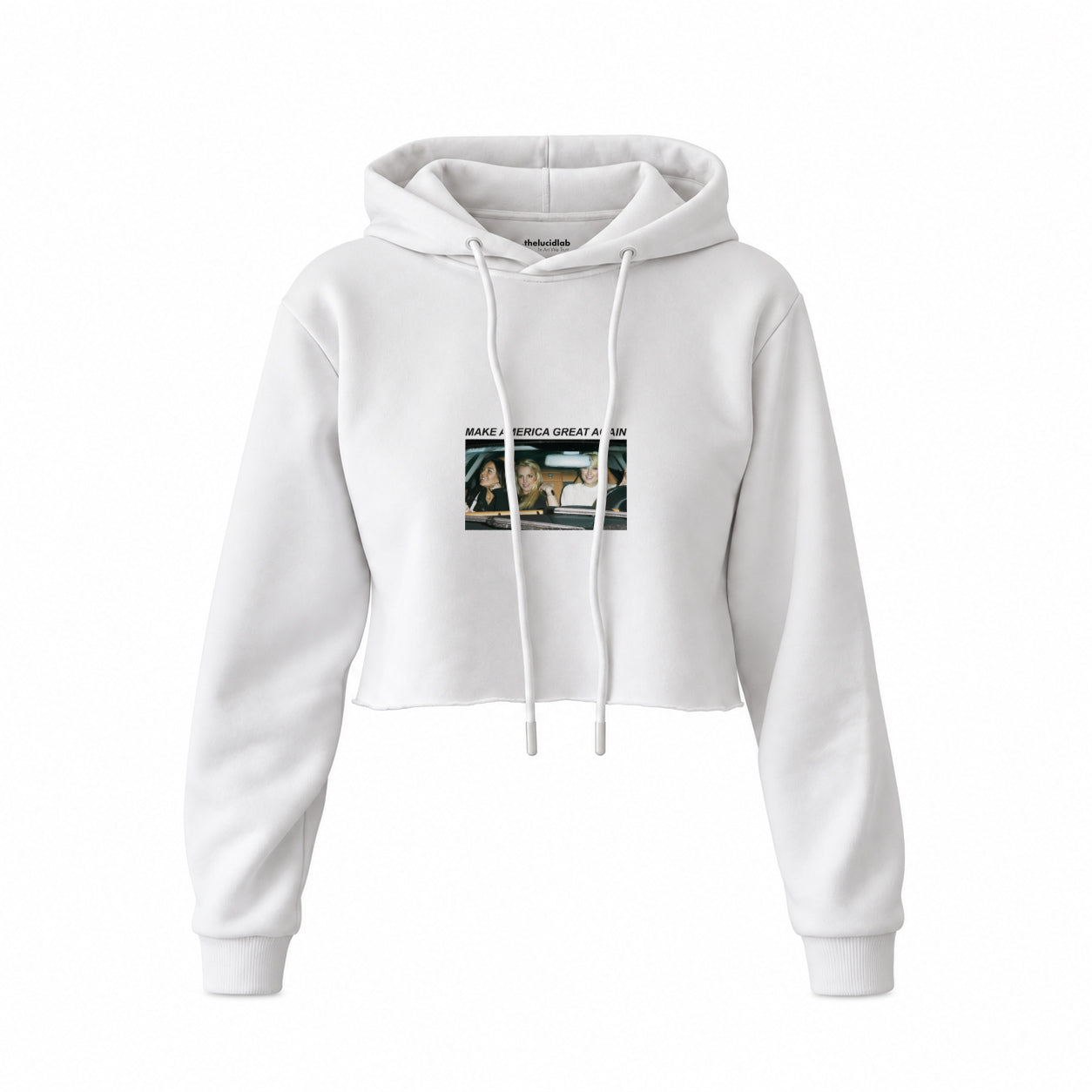 Make America Great Again Crop Hoodie — Beyaz — Ön baskı