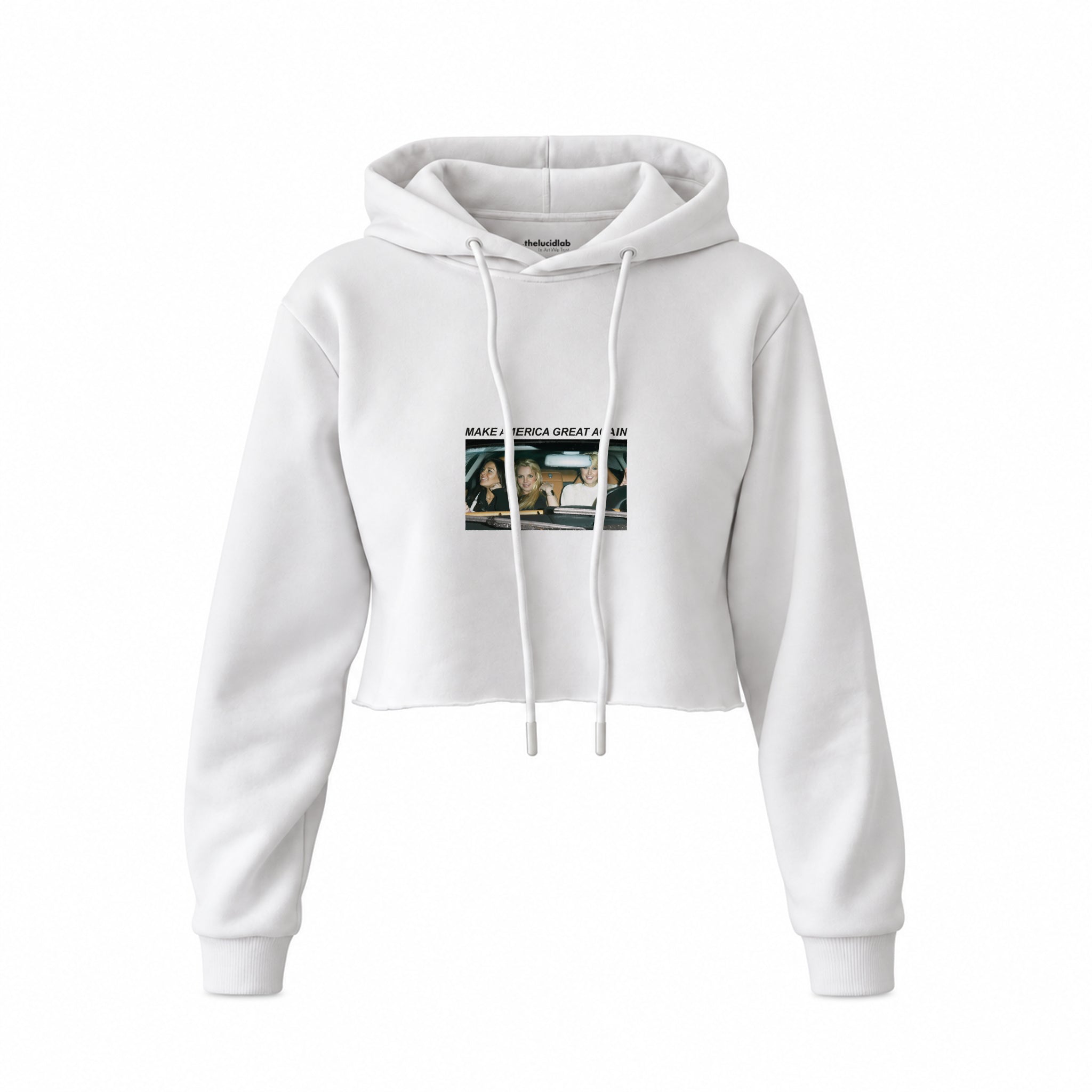 Make America Great Again Crop Hoodie — Beyaz — Ön baskı