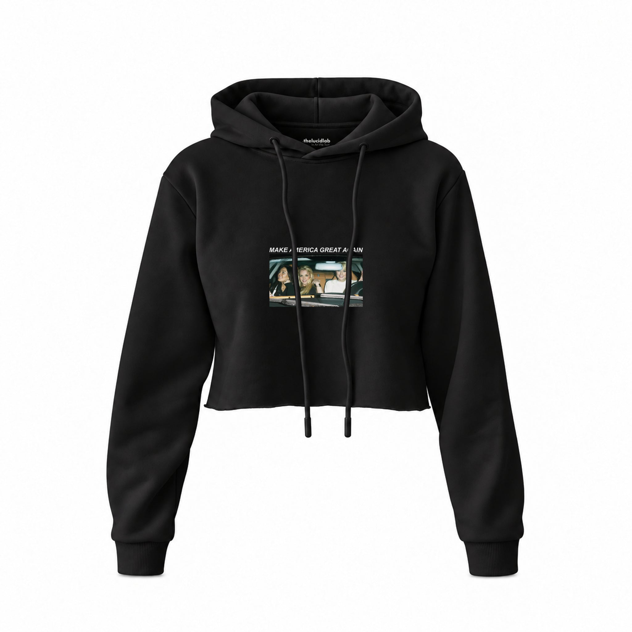 Make America Great Again Crop Hoodie — Siyah — Ön baskı