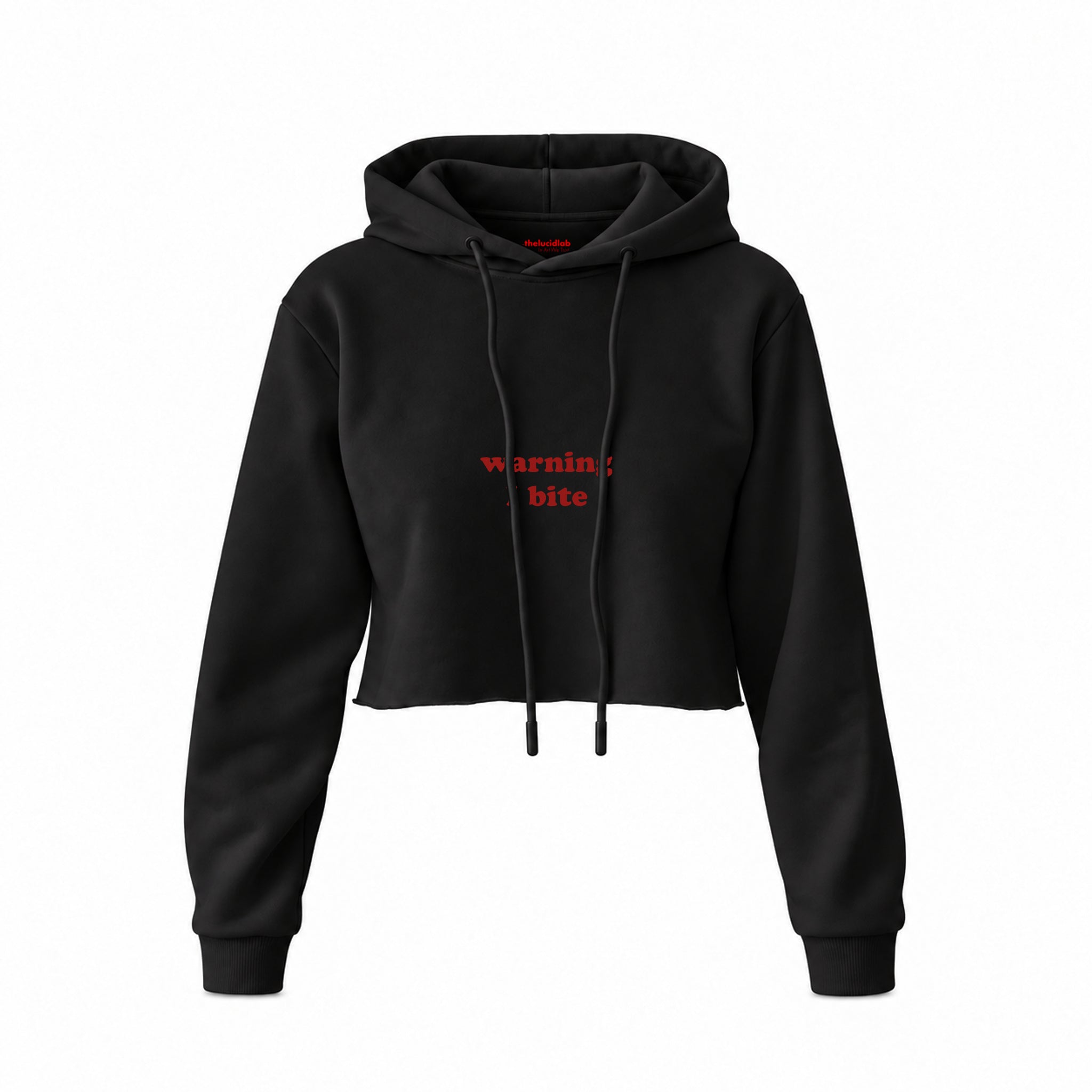 Warning I Bite Crop Hoodie — Siyah — Ön baskı