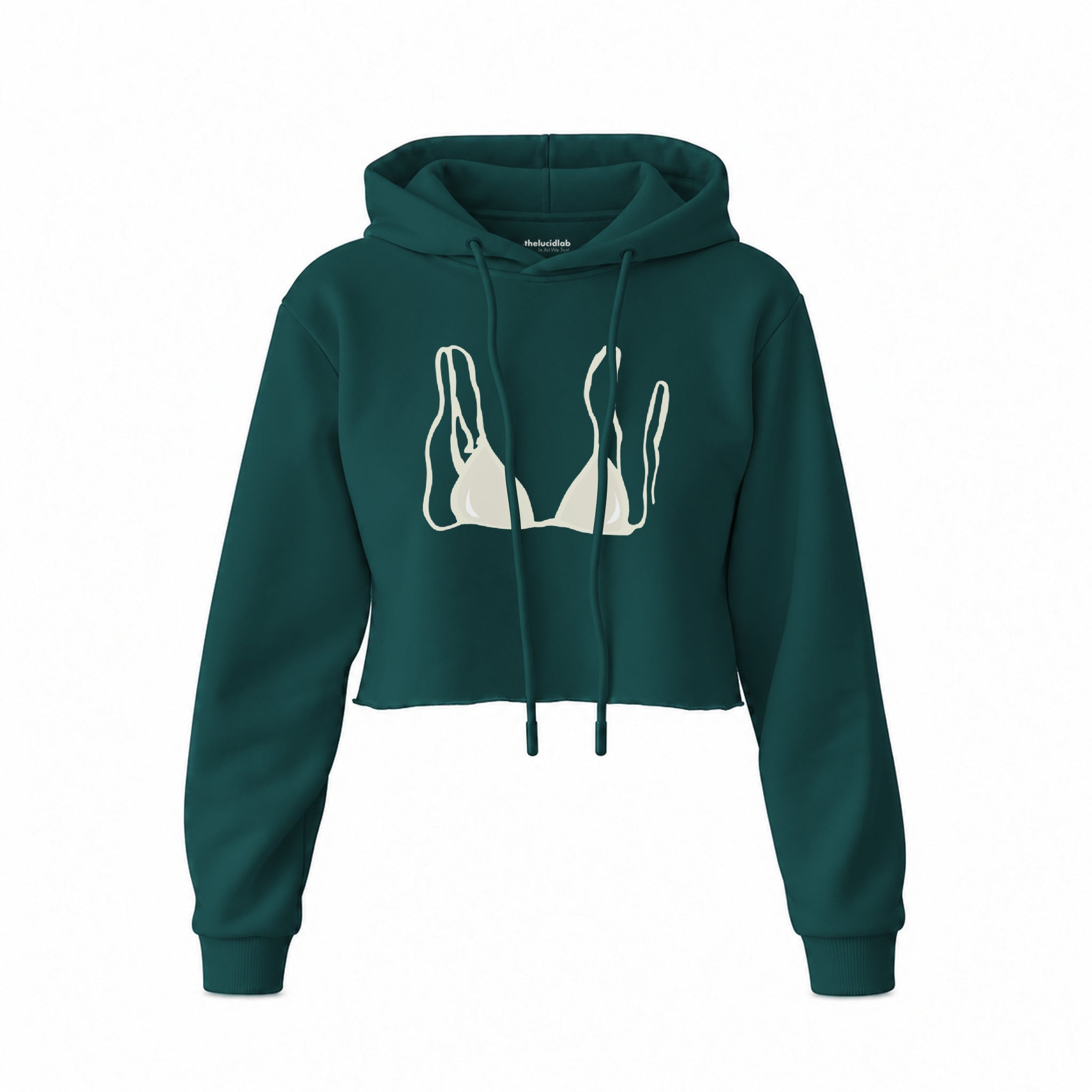 White Bikini Crop Hoodie — Koyu Yeşil — Ön baskı