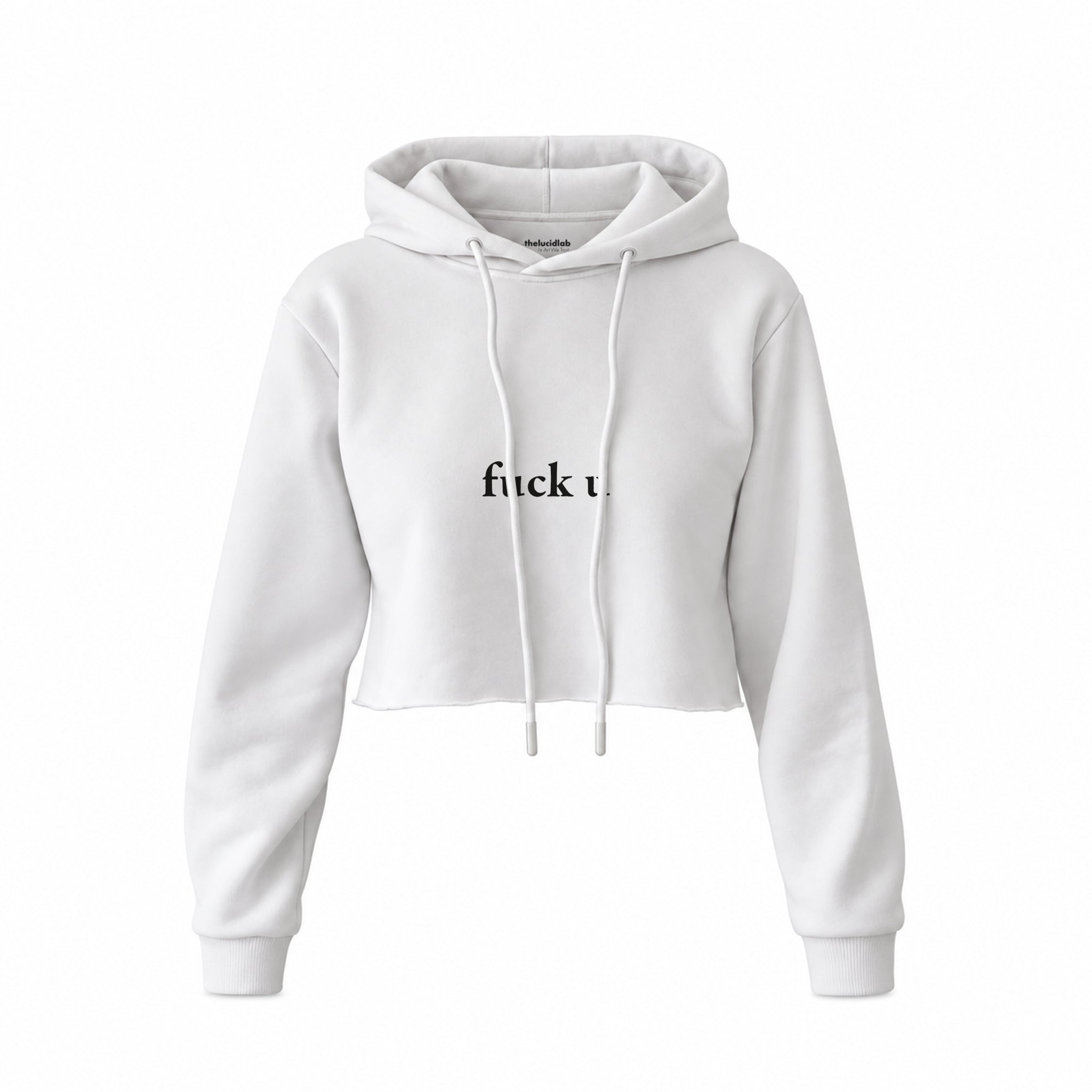 FUCK U Crop Hoodie — Beyaz — Ön baskı