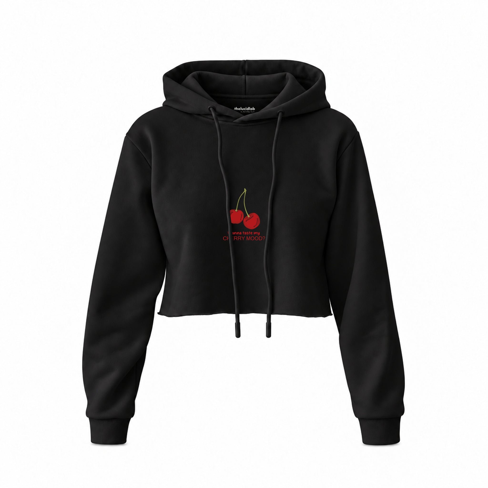 Cherry Mood Crop Hoodie — Siyah — Ön baskı