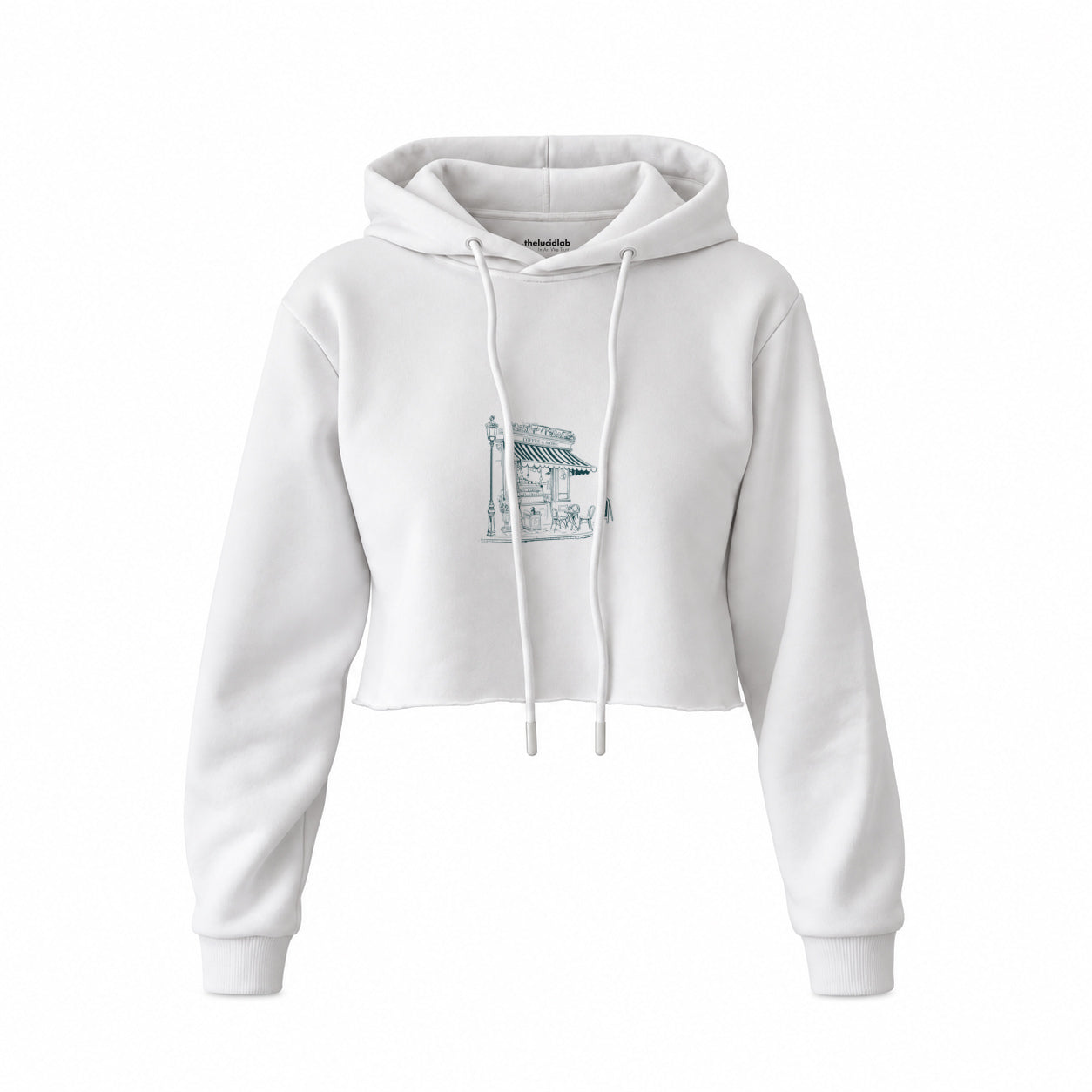 Café de Paris Crop Hoodie — Beyaz — Ön baskı