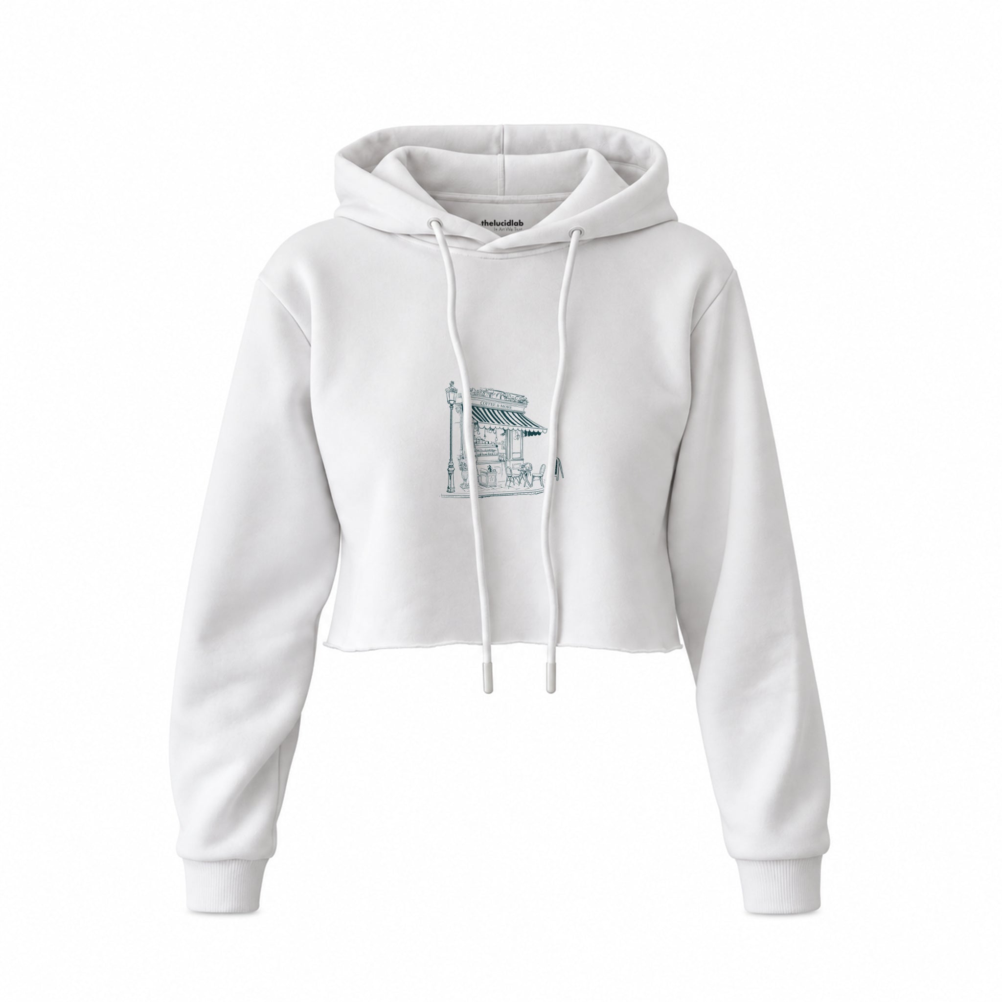 Café de Paris Crop Hoodie — Beyaz — Ön baskı