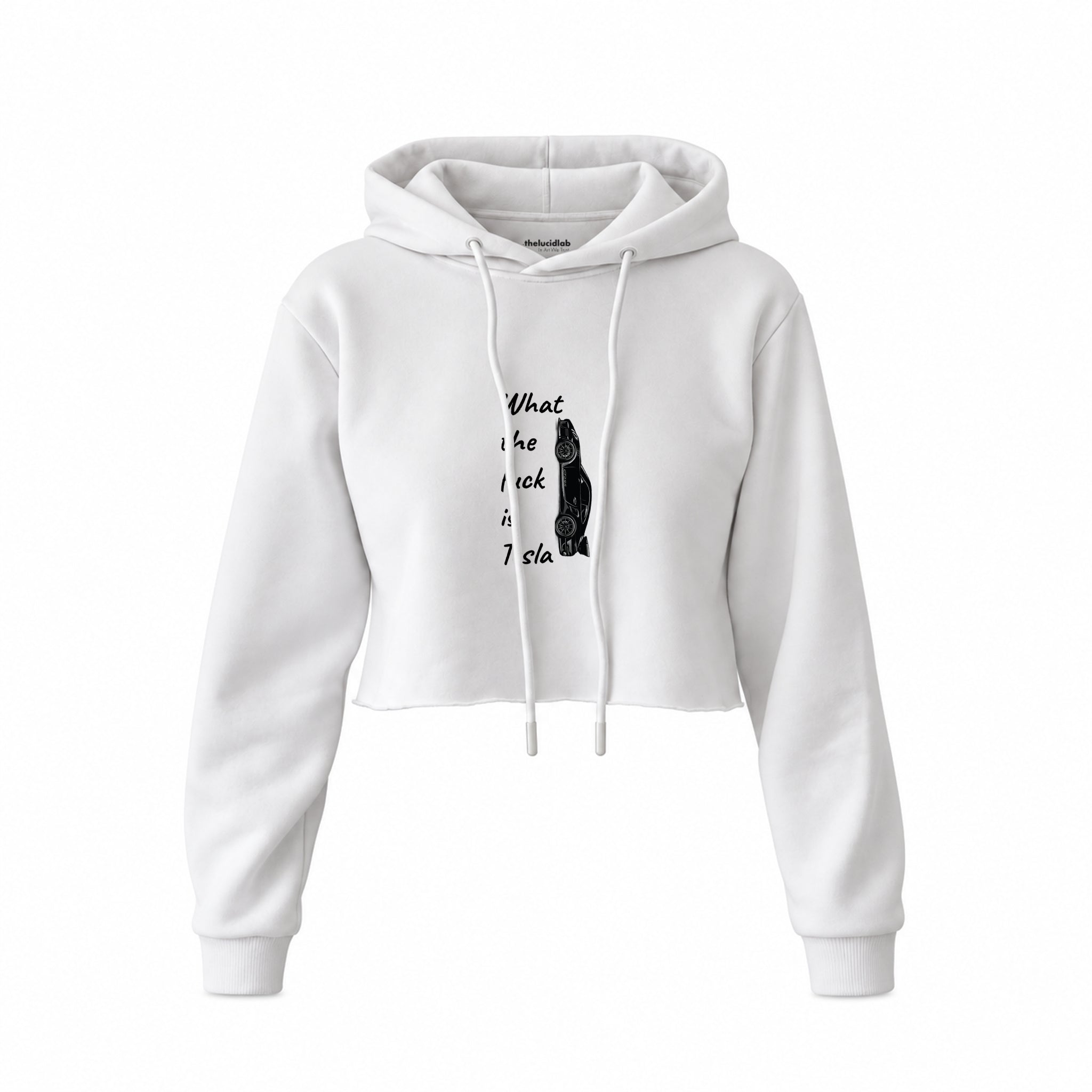 What The Fuck Is Tesla Crop Hoodie — Beyaz — Ön baskı