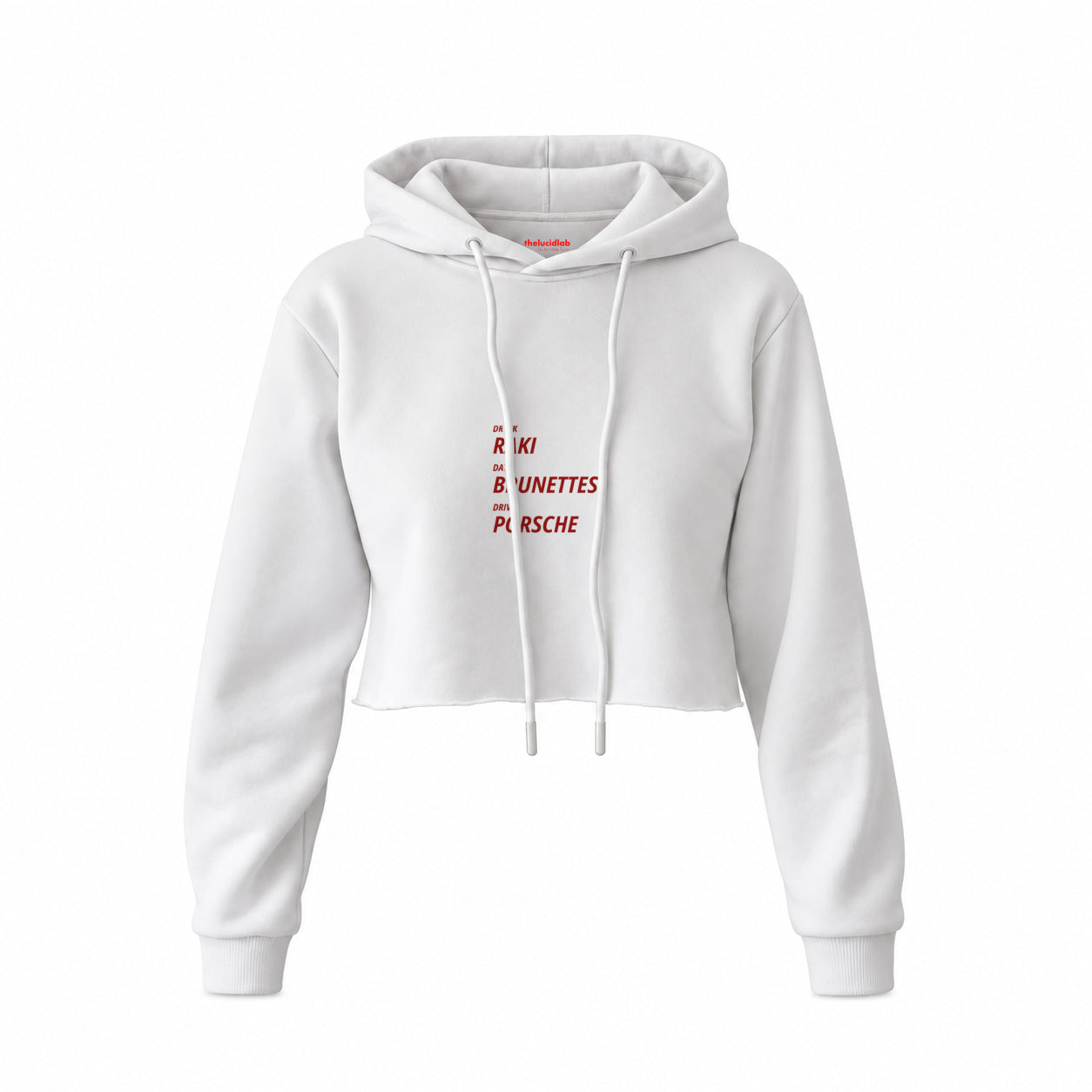 Drink Date Drive Crop Hoodie — Beyaz — Ön baskı
