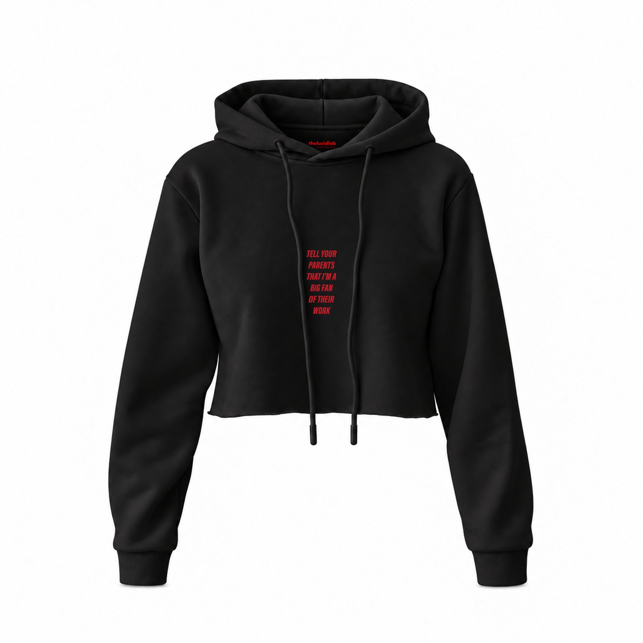Tell Your Parents Crop Hoodie — Siyah — Ön baskı