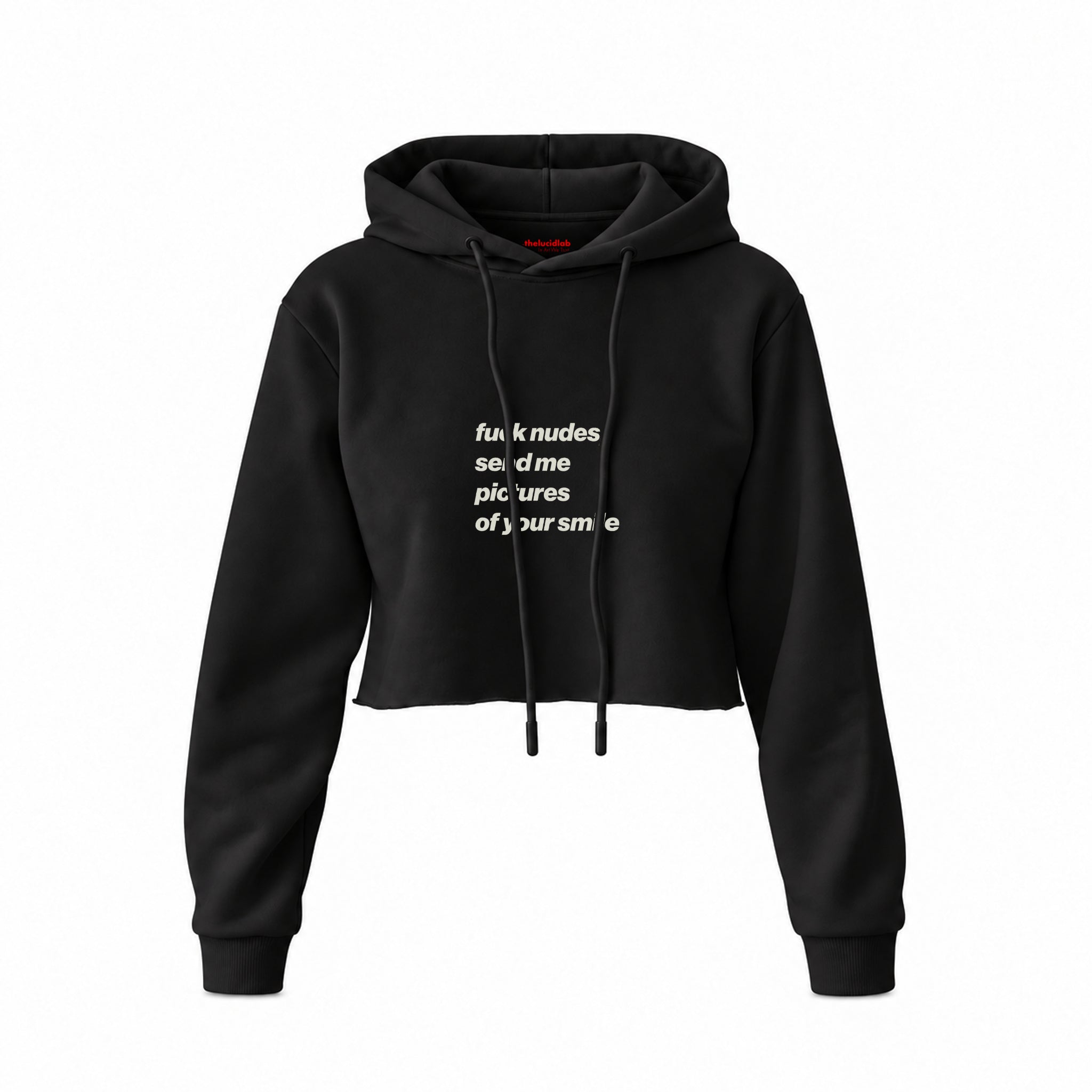 Fuck Nudes Crop Hoodie — Siyah — Ön baskı