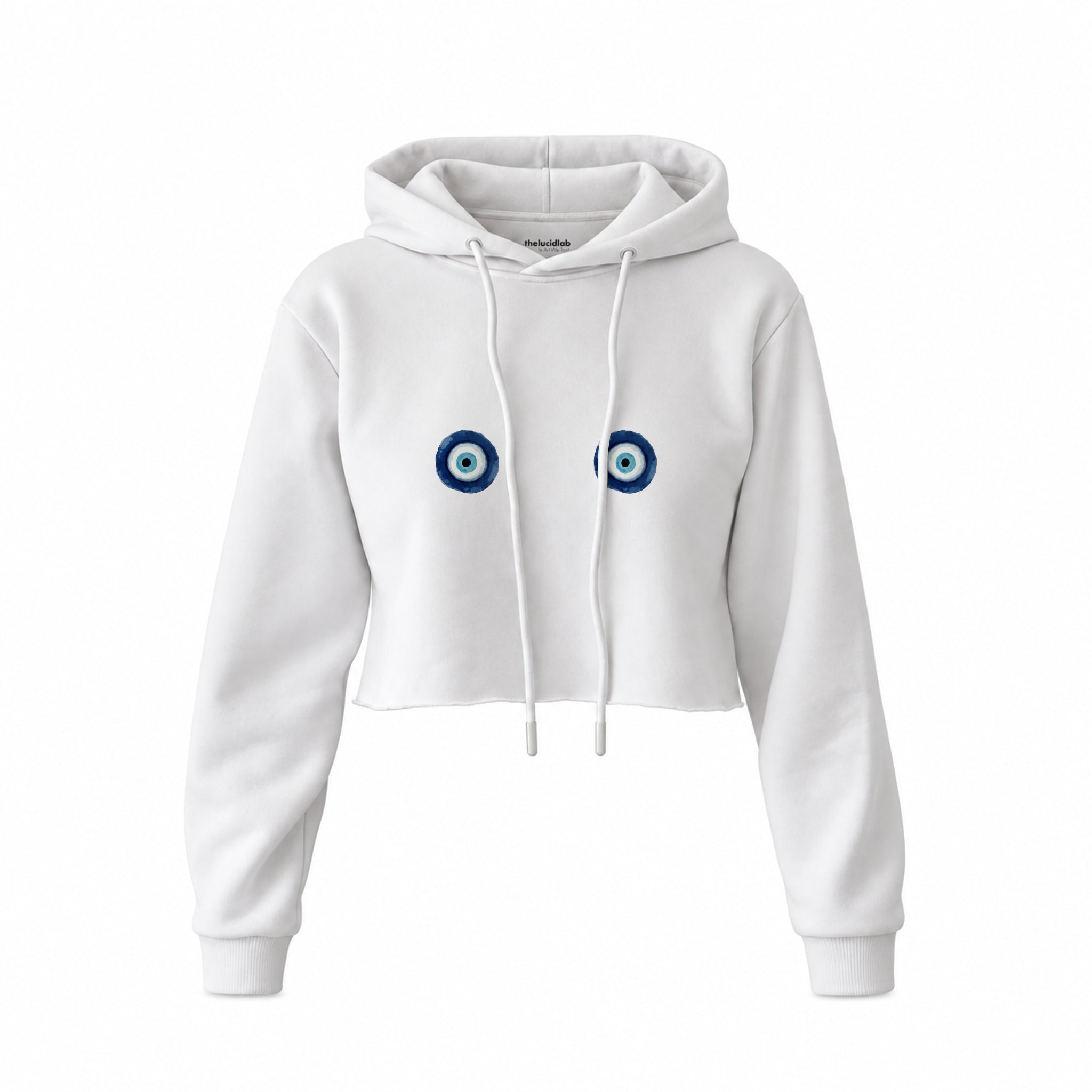 Nazar Crop Hoodie — Beyaz — Ön baskı