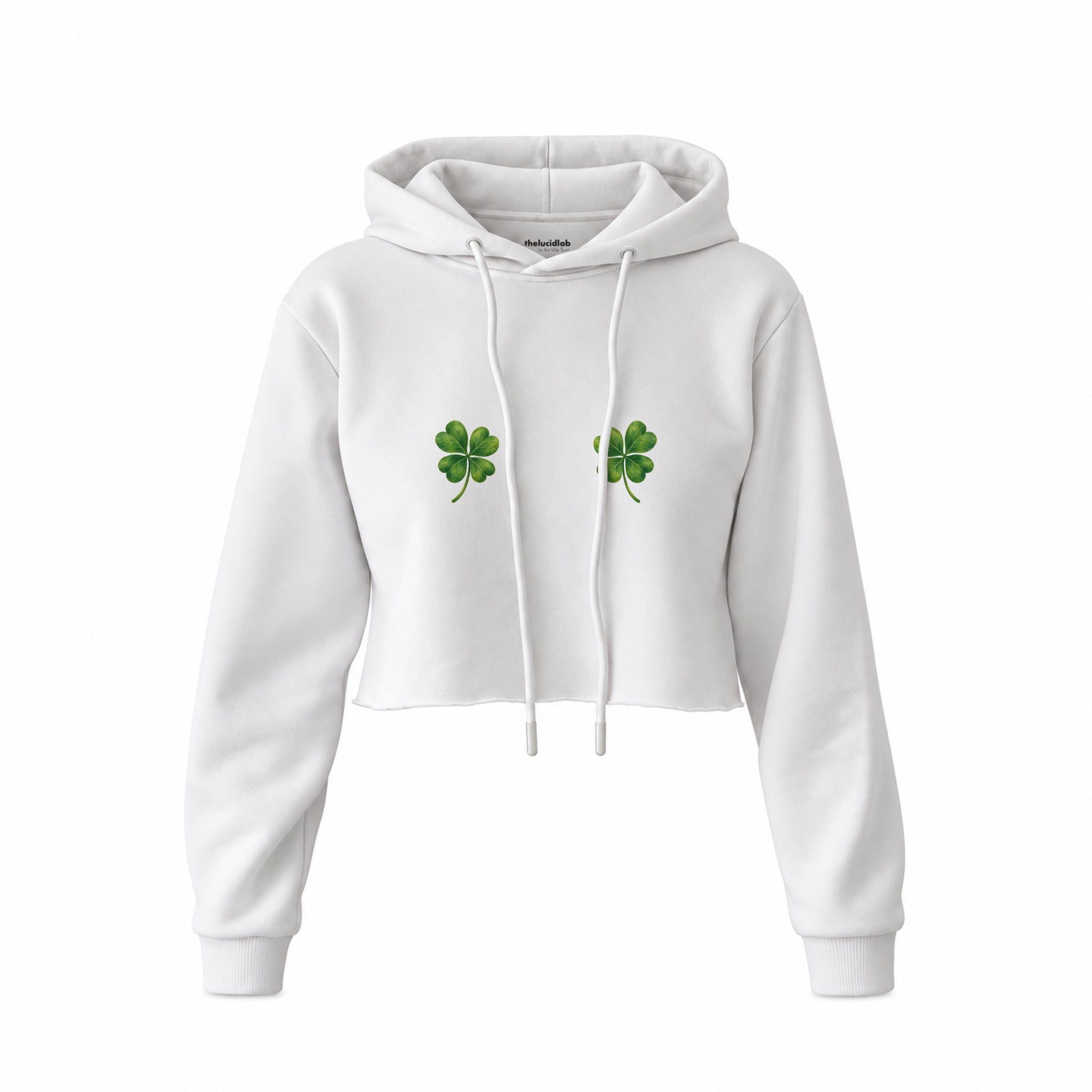Lucky Twins Crop Hoodie — Beyaz — Ön baskı