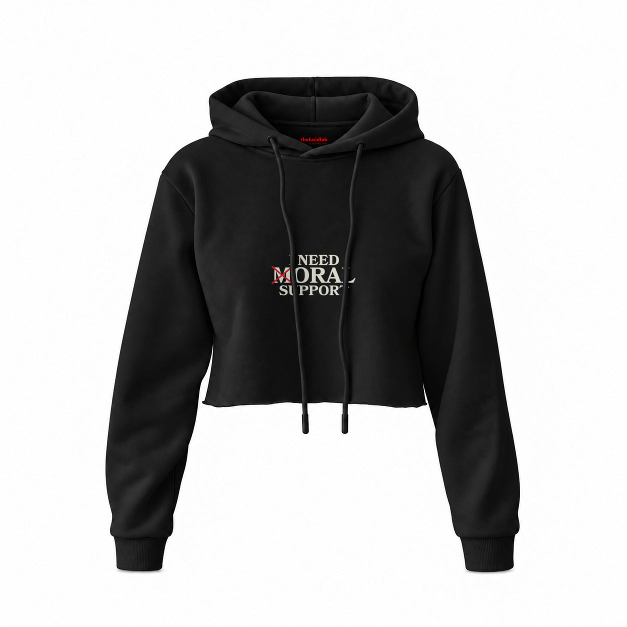 Moral Support Crop Hoodie — Siyah — Ön baskı