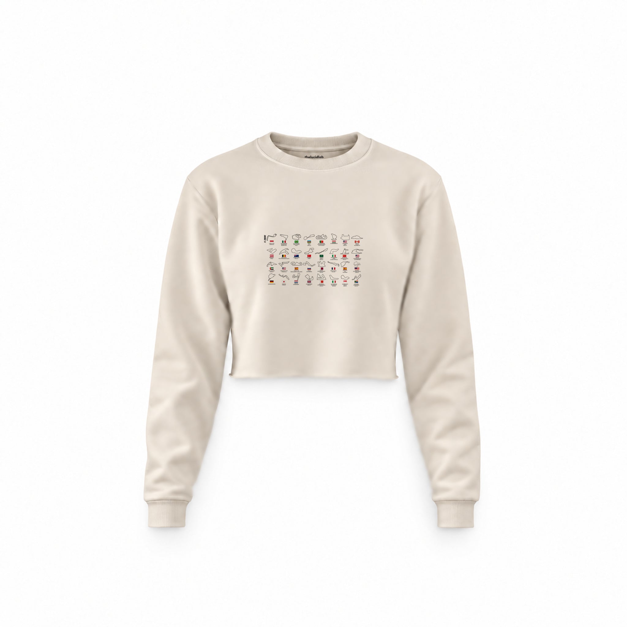 All Tracks / Formula 1 Pistleri Crop Sweatshirt — Krem — Ön baskı