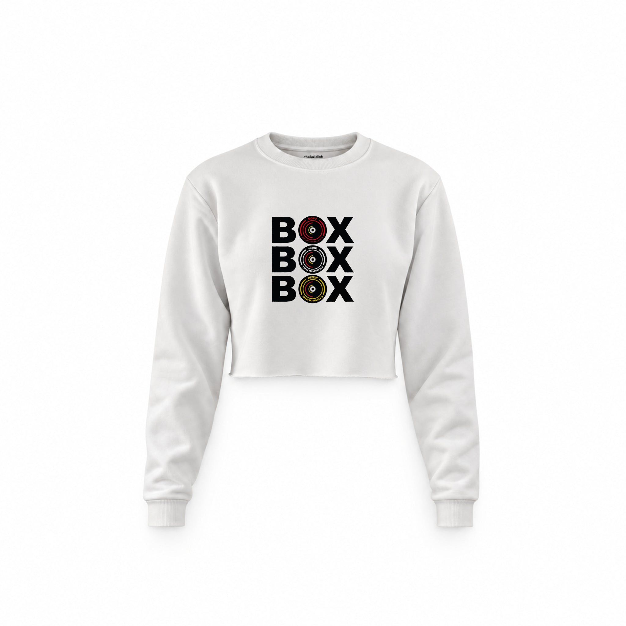 Box Box Box Crop Sweatshirt — Beyaz — Ön baskı