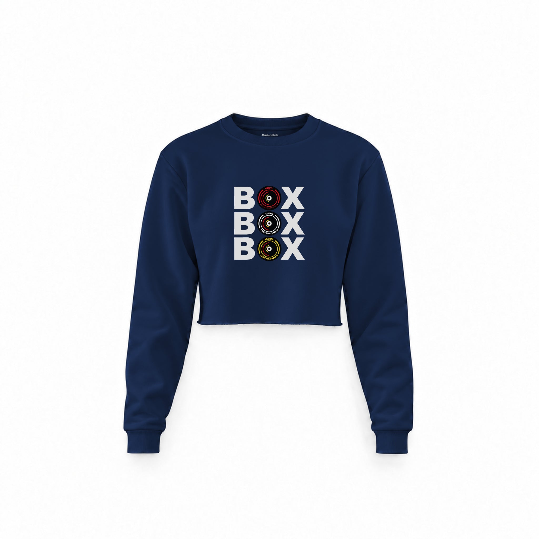 Box Box Box Crop Sweatshirt — Lacivert — Ön baskı