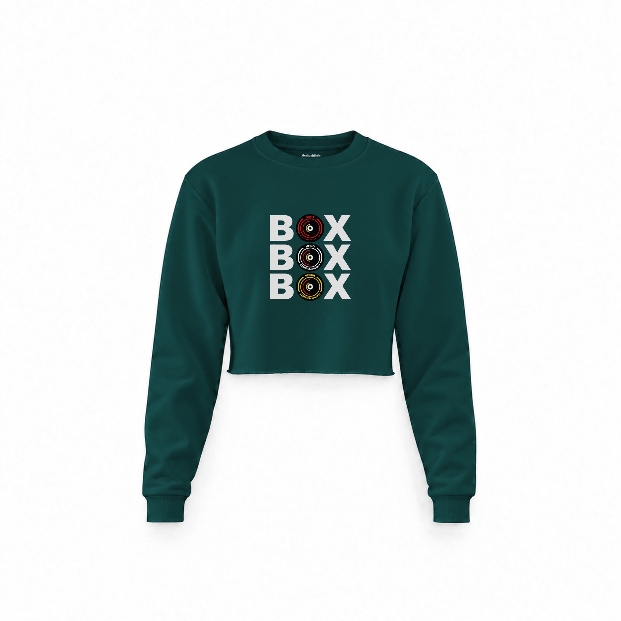 Box Box Box Crop Sweatshirt — Koyu Yeşil — Ön baskı