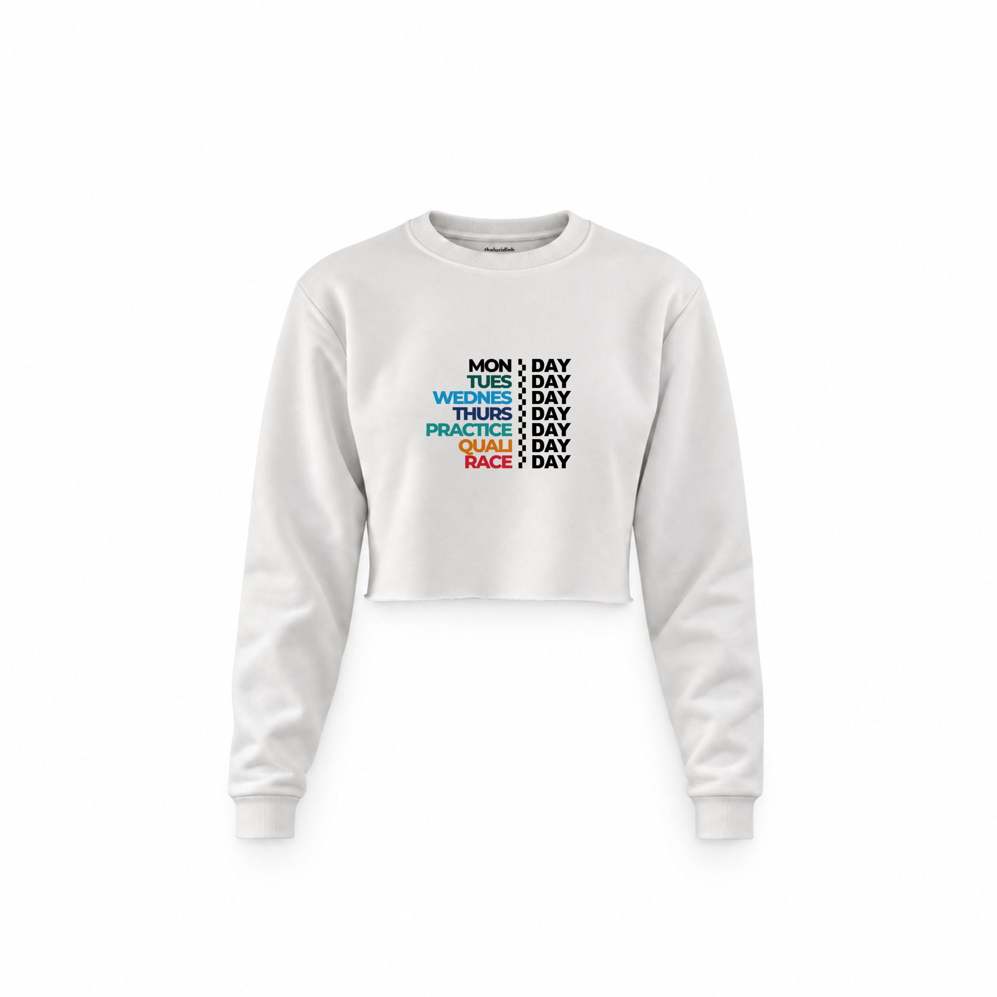 Formula 1 / Week Days Crop Sweatshirt — Beyaz — Ön baskı