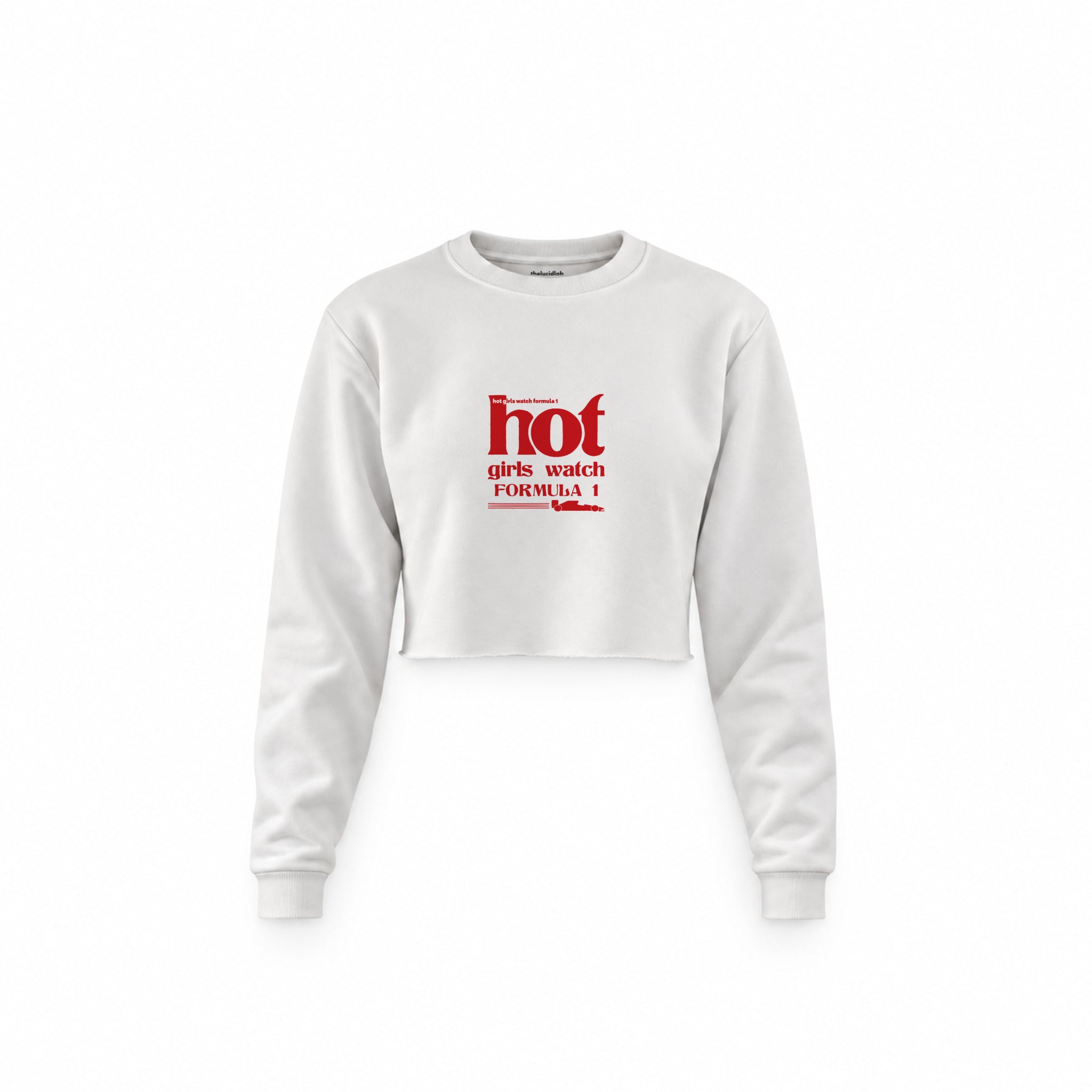 Hot Girls Watch Formula 1 Crop Sweatshirt — Beyaz — Ön baskı