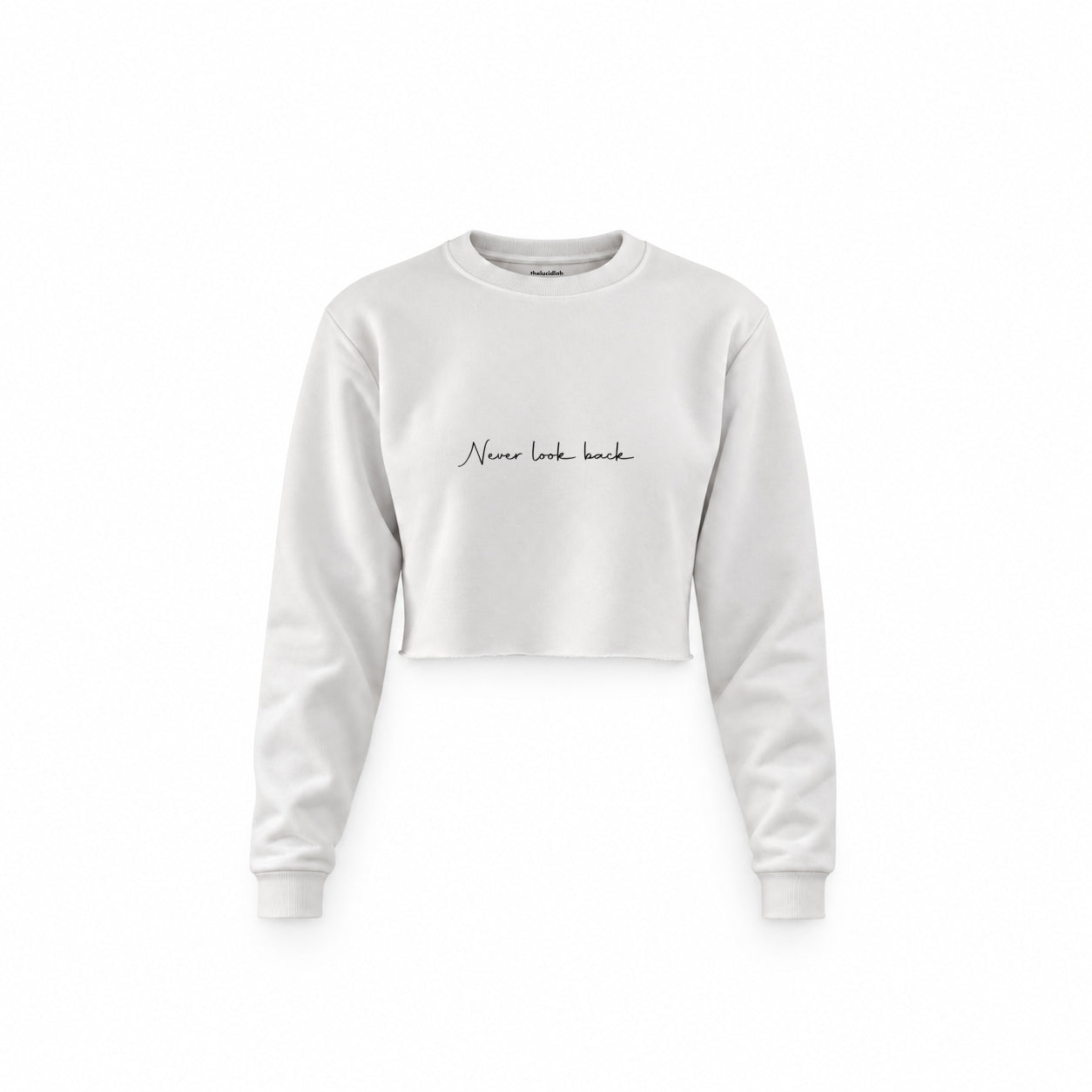 Never Look Back Crop Sweatshirt — Beyaz — Ön baskı