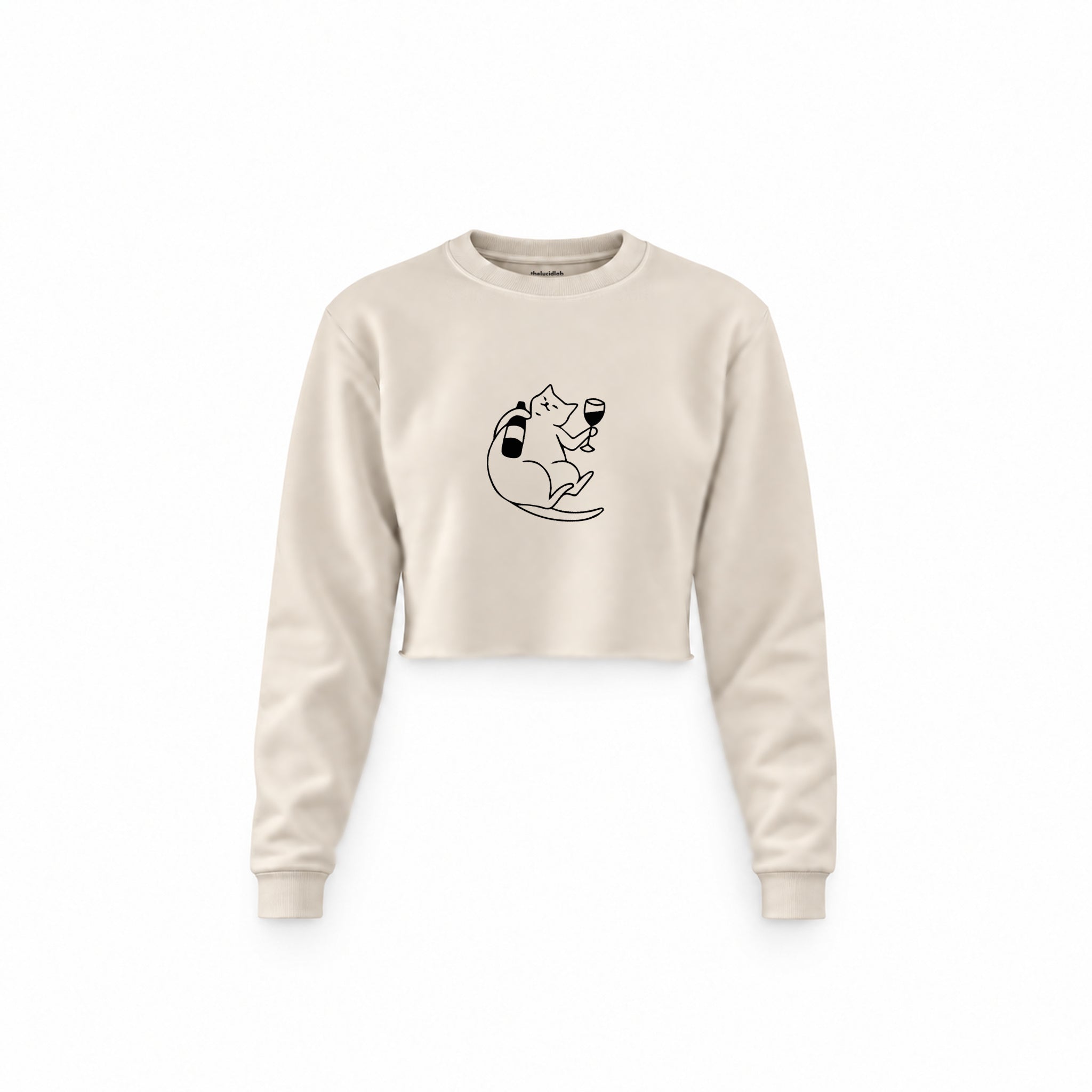 Wine Lover Cat Crop Sweatshirt — Krem — Ön baskı