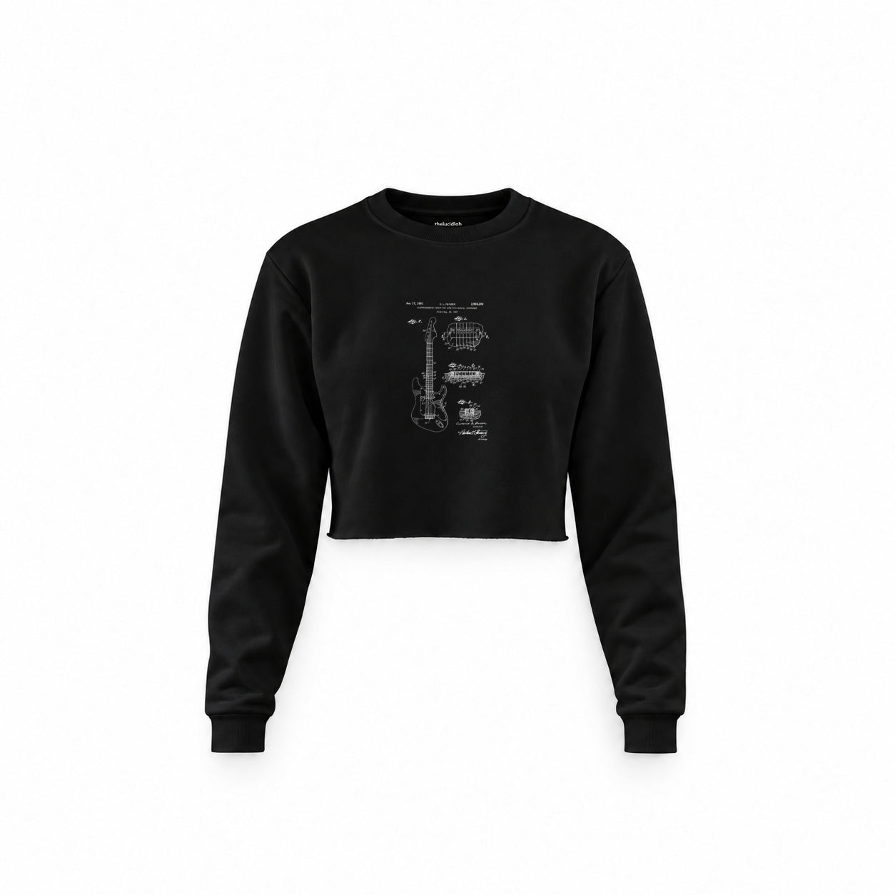 Fender Stratocaster Gitar Crop Sweatshirt — Siyah — Ön baskı