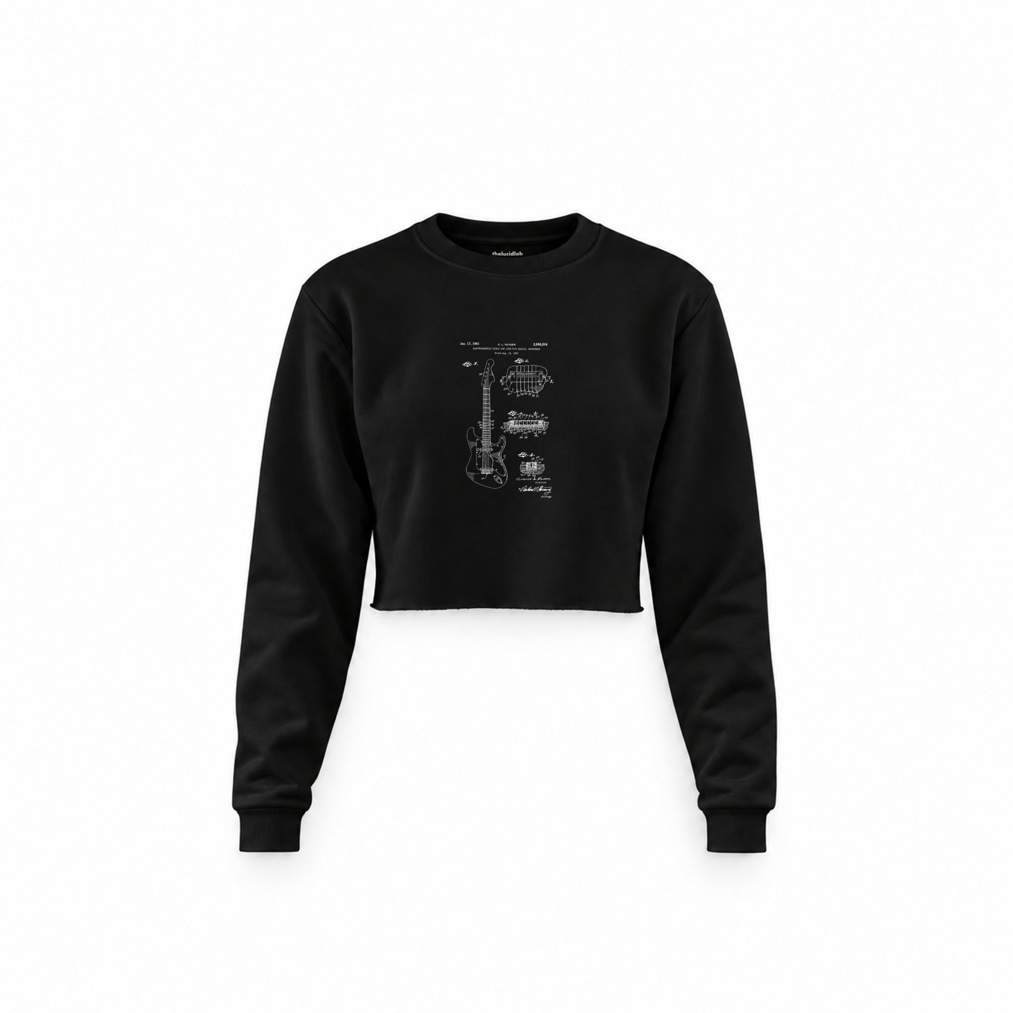 Fender Stratocaster Gitar Crop Sweatshirt — Siyah — Ön baskı