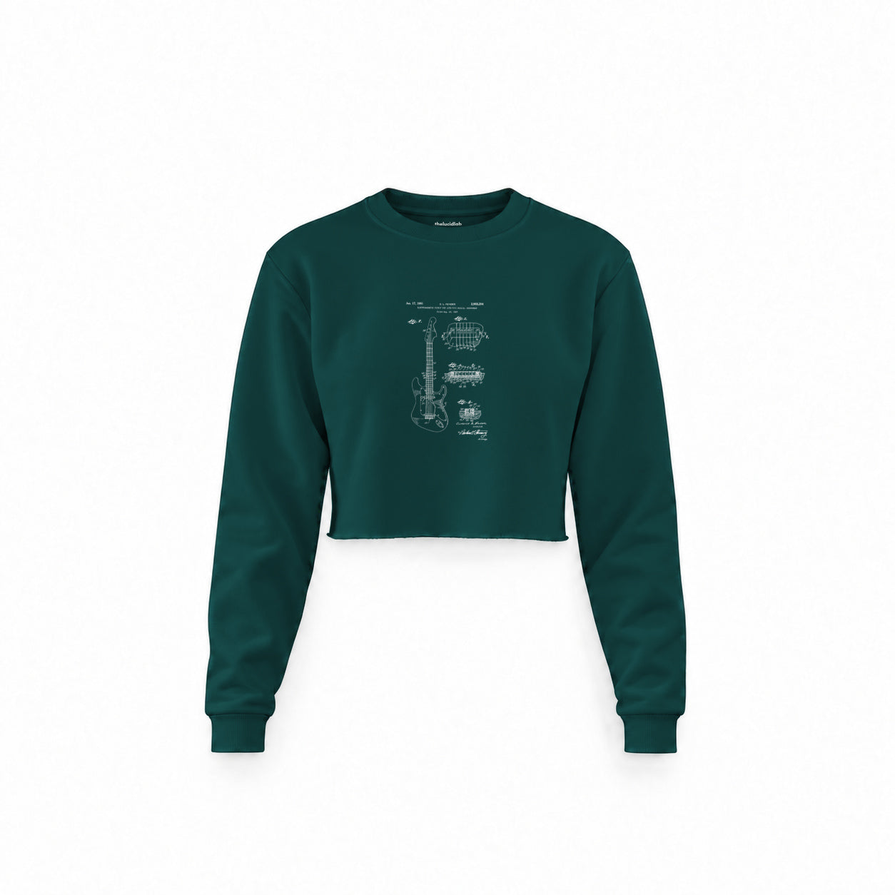 Fender Stratocaster Gitar Crop Sweatshirt — Koyu Yeşil — Ön baskı