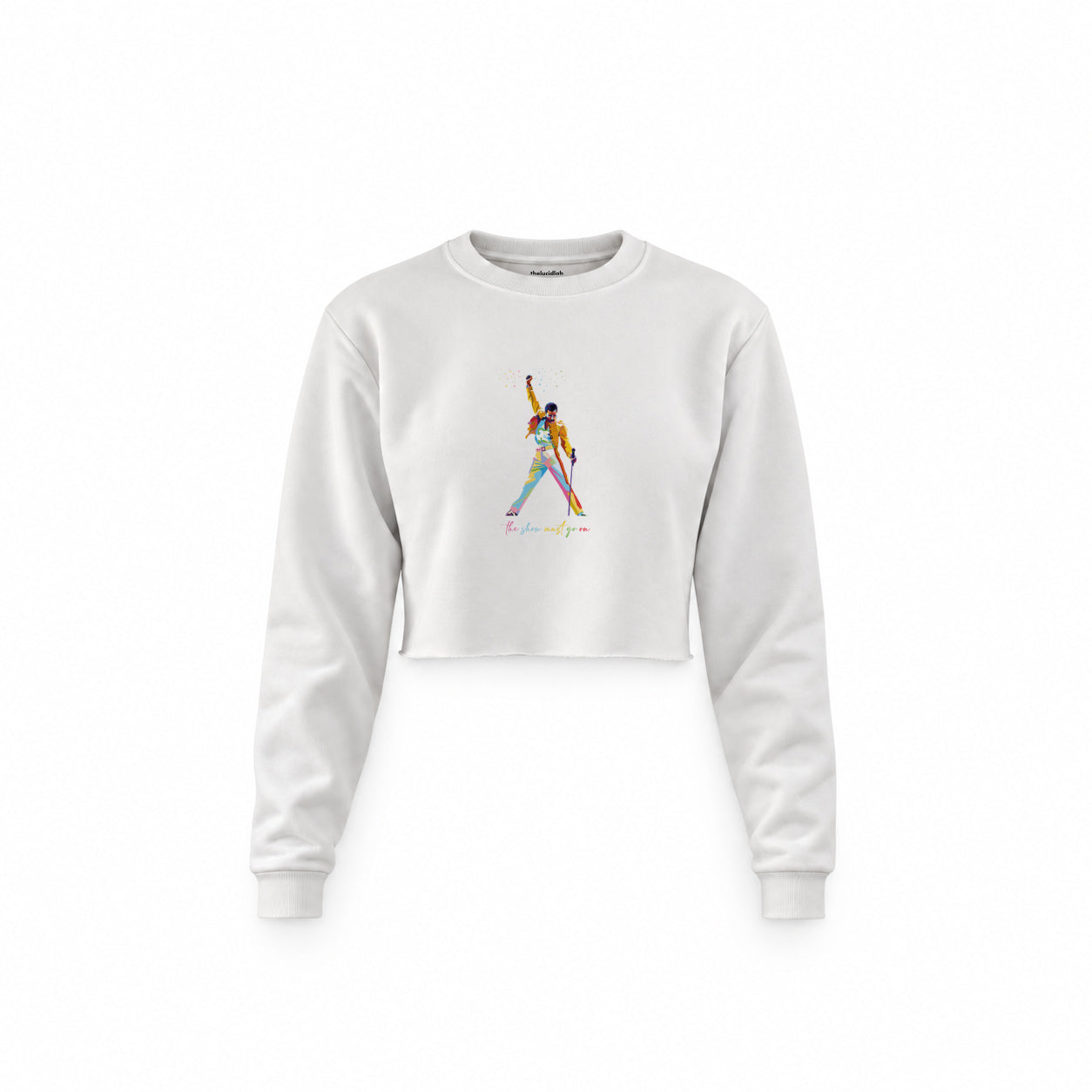 Freddie Mercury Crop Sweatshirt — Beyaz — Ön baskı