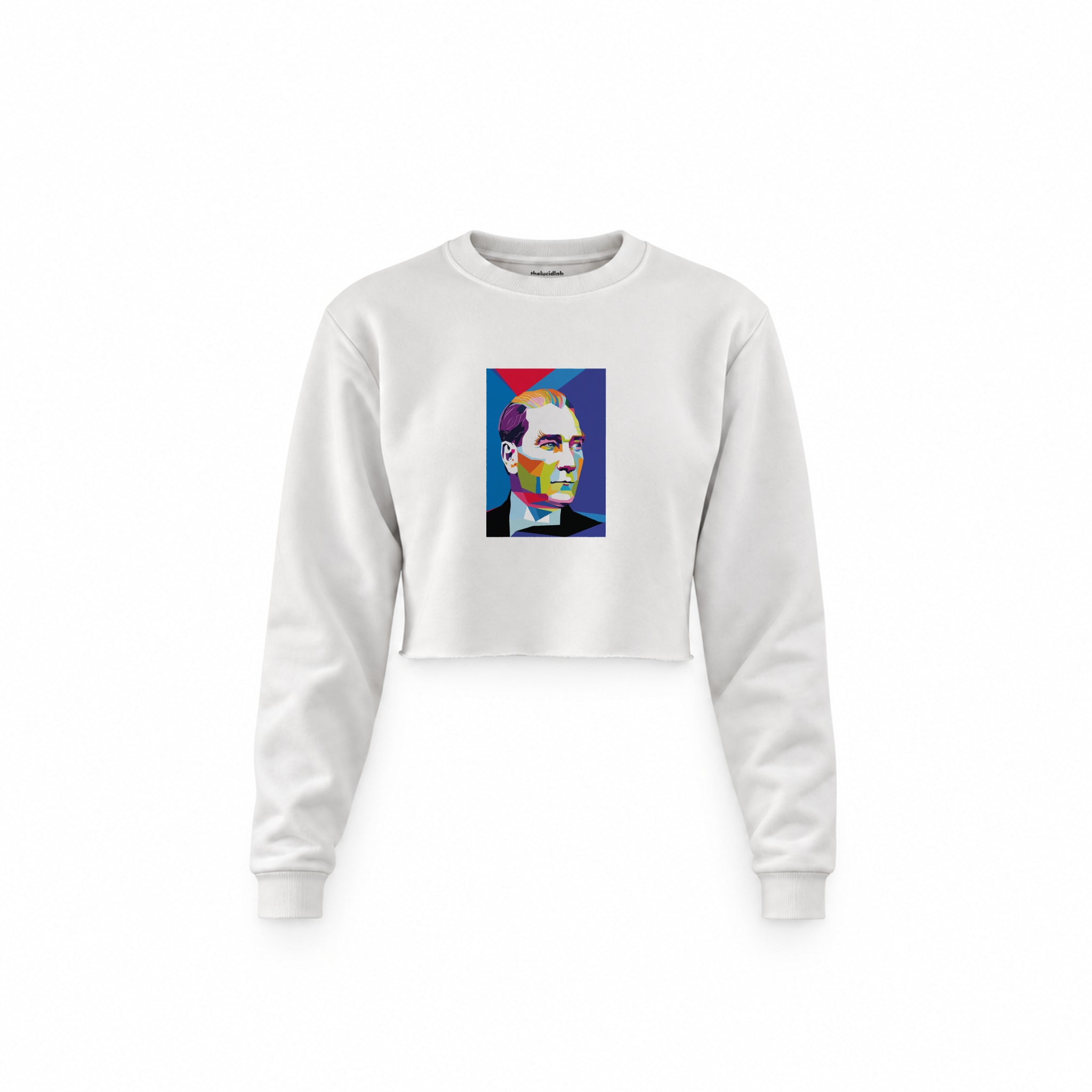 Atatürk Pop Art Crop Sweatshirt — Beyaz — Ön baskı
